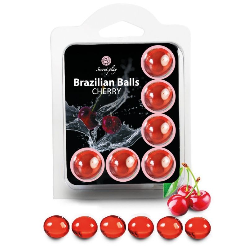 Emballage de 8 billes rouges, design cerise. "Secret Play Brazilian Balls Cherry" imprimé.