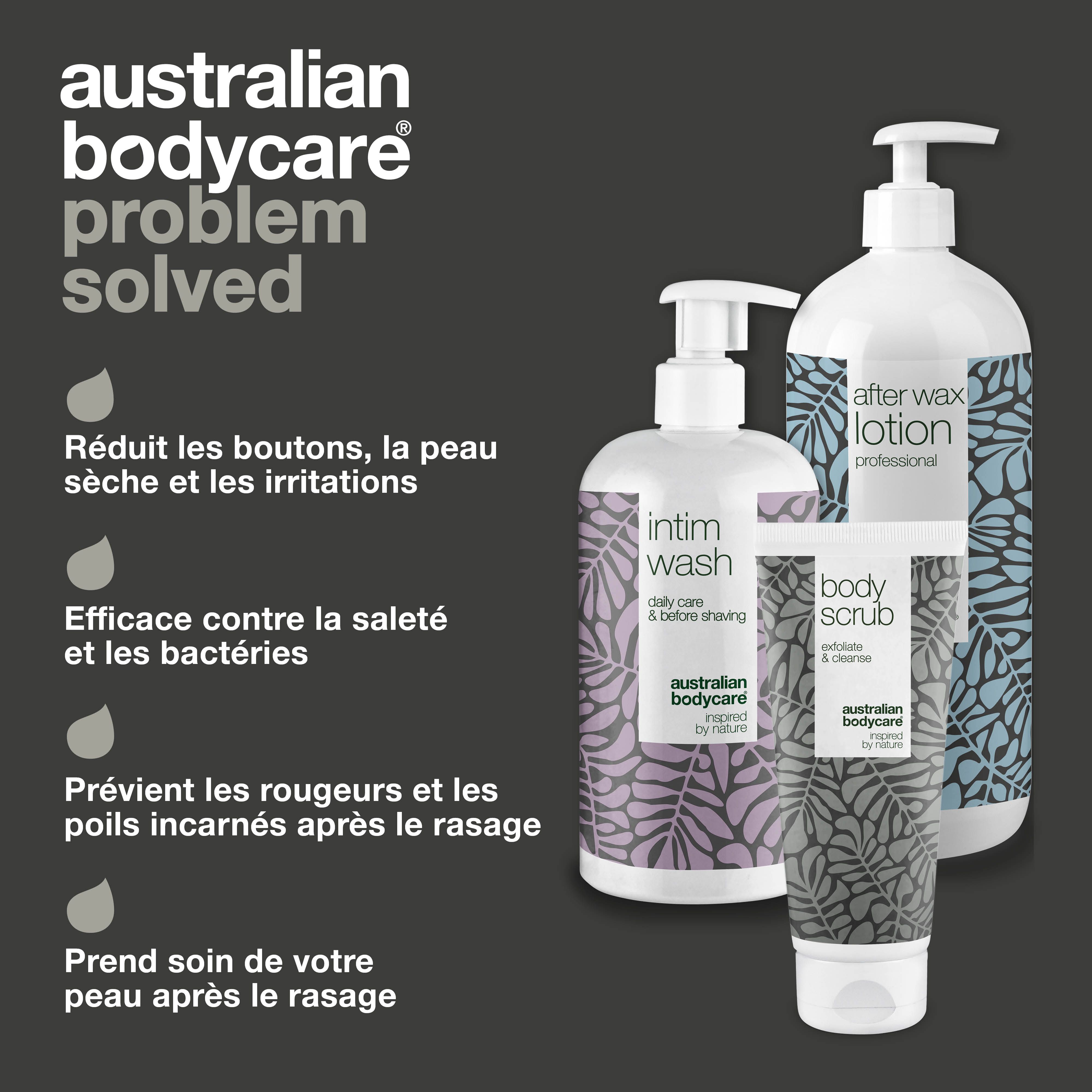 Trois produits : Intim Wash, After Wax Lotion, Body Scrub. Texte : Australian Bodycare. Texte en français.