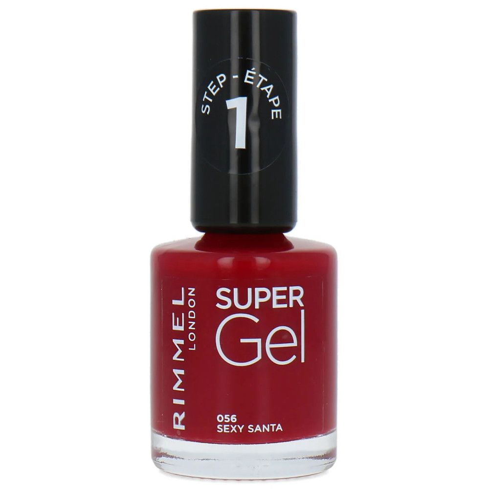 Flacon de vernis à ongles rouge avec bouchon noir. Inscription "SUPER Gel" et "056 SEXY SANTA". Bouchon avec "STEP 1".