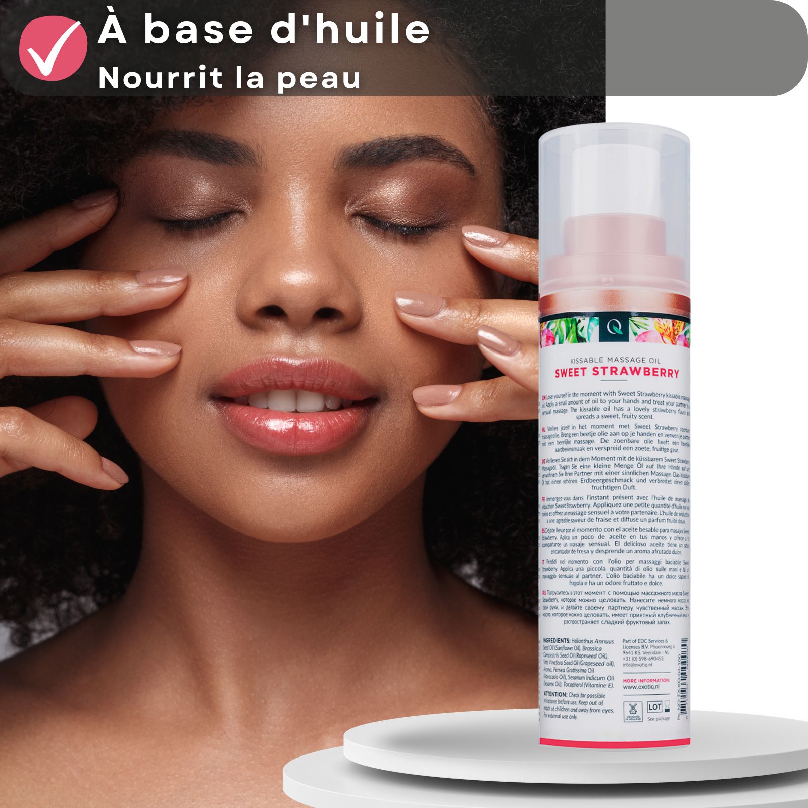 Publicité produit. Femme aux yeux fermés, flacon d'huile de massage. Texte: À base d'huile, nourrit la peau.
