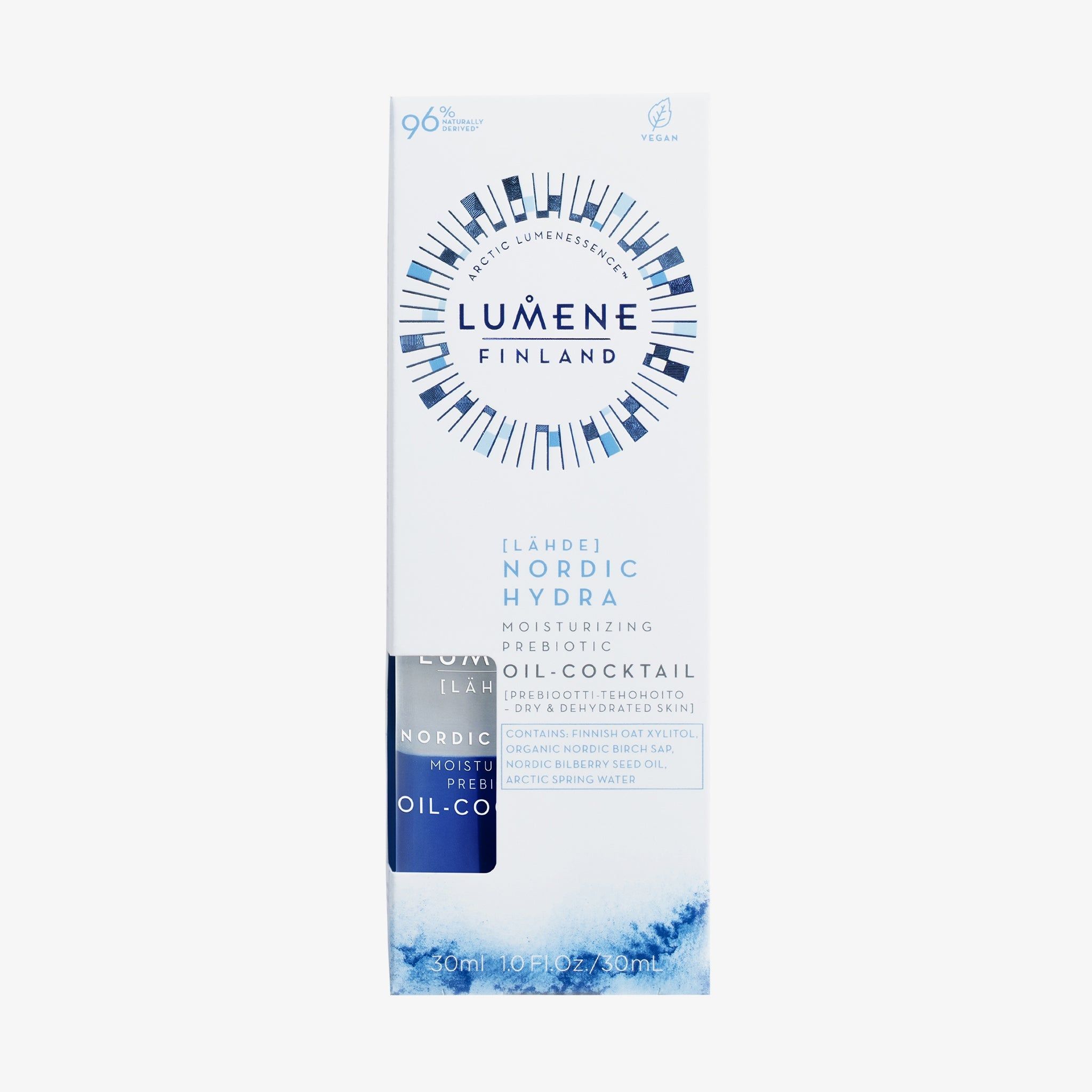 Emballage blanc avec image du produit. Texte: Lumene, Nordic Hydra, Moisturizing Prebiotic Oil-Cocktail. Logos et texte multilingues.