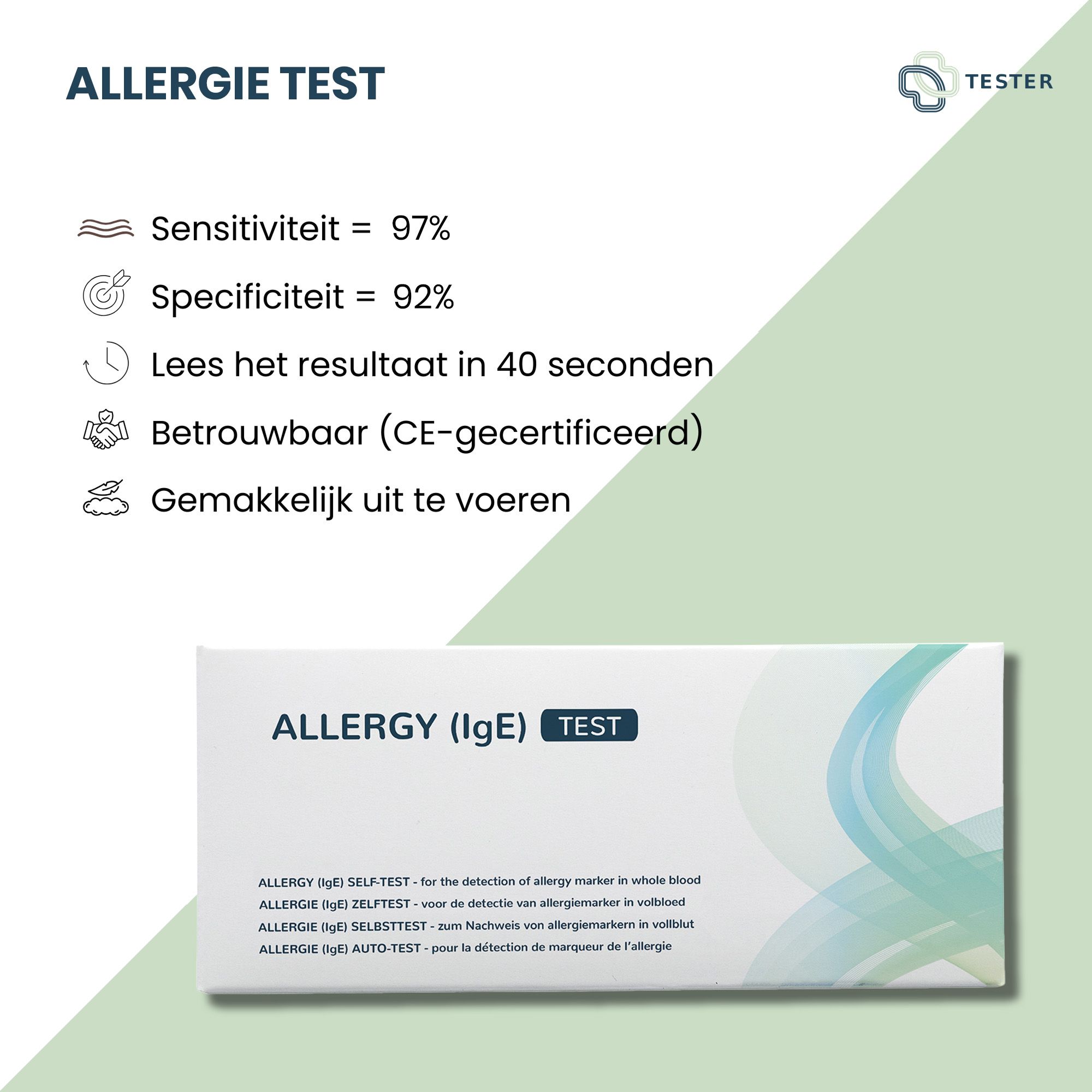 Emballage du produit avec texte : Test d'allergie, sensibilité 97%, spécificité 92%, résultat en 40 secondes, certifié CE.
