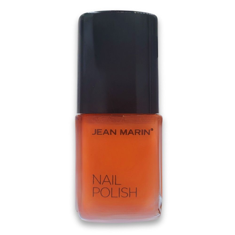 Flacon de vernis à ongles orange. Bouchon noir. Marque: Jean Marin. Nom du produit: Nail Polish.