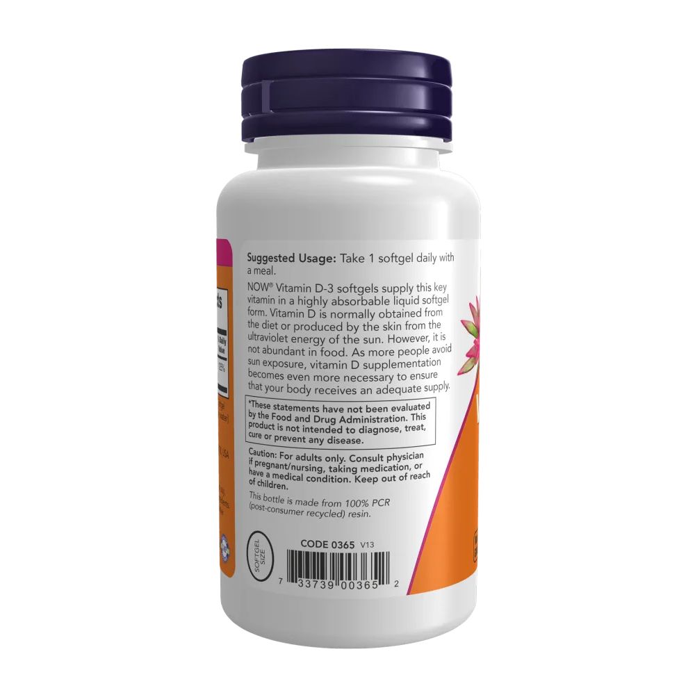Achterkant van een witte fles met paarse dop. Etiket met tekst: Suggested Usage. Bevat tekst en barcode. Merk: NOW.