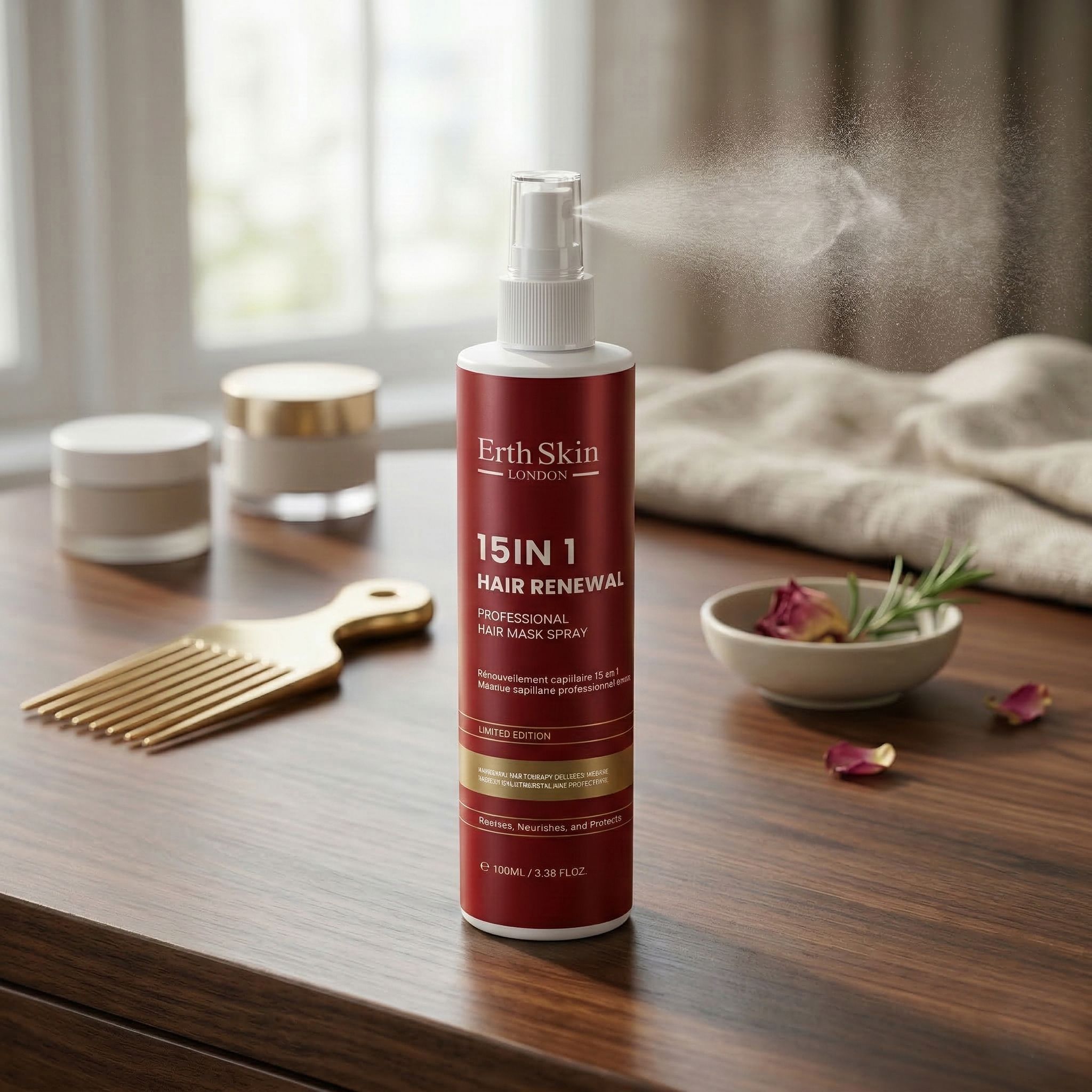 ErthSkin London Spray Haarmasker 15-in-1 op een houten tafel met haarverzorgingsaccessoires.