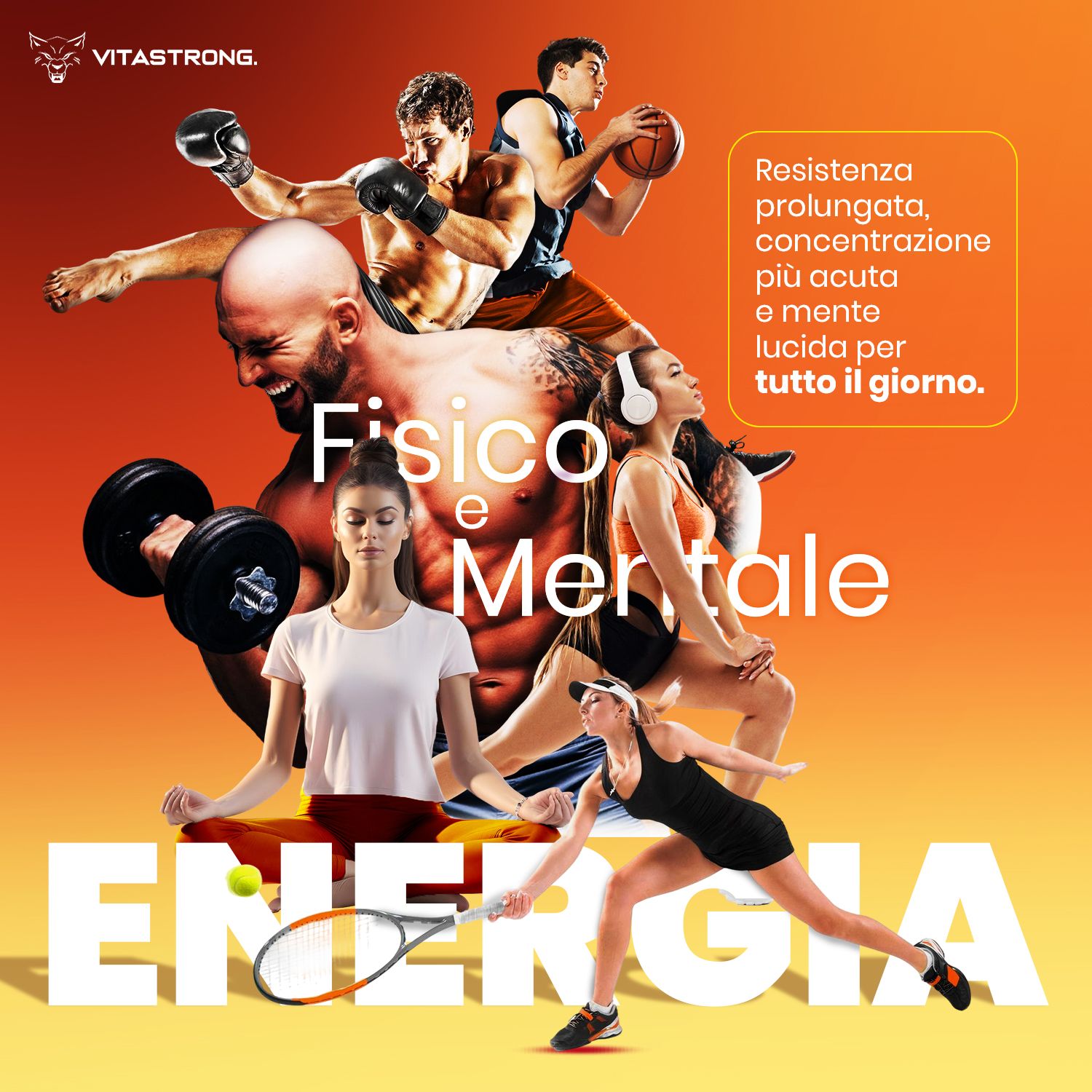 Vitastrong Energy Orange. Afbeelding met atleten. Tekst: Fysieke en mentale energie.