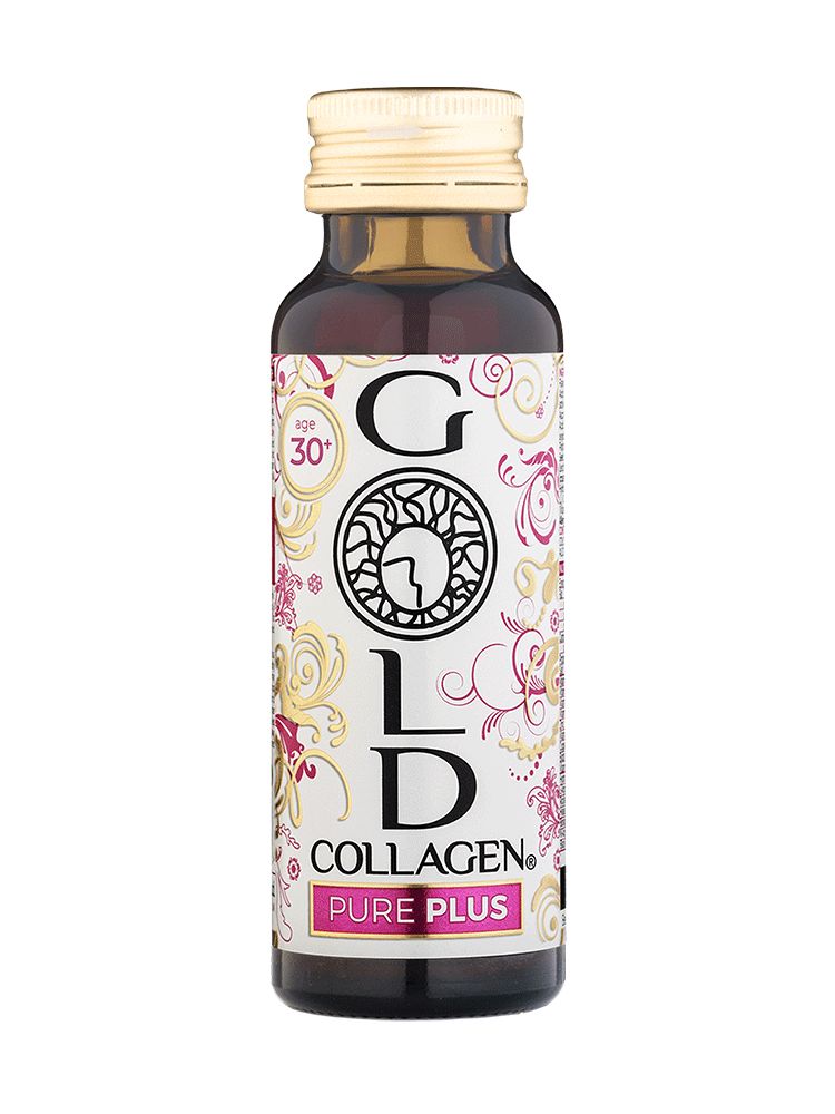 Flacon Gold Collagen Pure Plus avec motif floral et bouchon doré.