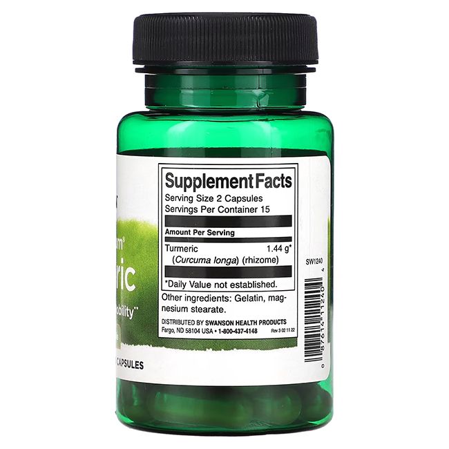 Dos de la bouteille verte de gélules. Inscription: Supplement Facts, Turmeric, 1.44 g, 15 portions.