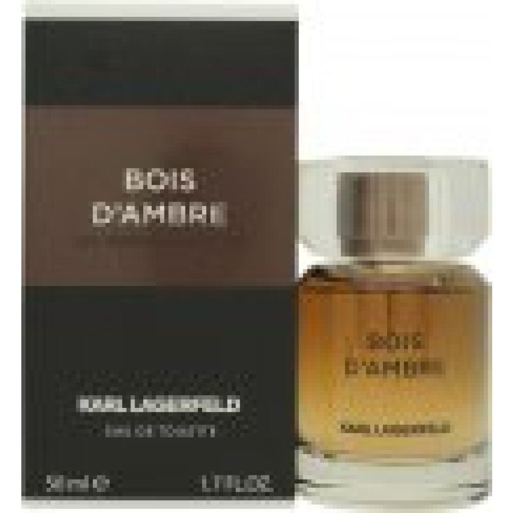 Karl Lagerfeld Bois d'Ambre Eau de Toilette Spray met verpakking. Zwarte doos met productnaam en logo. Fles ernaast.