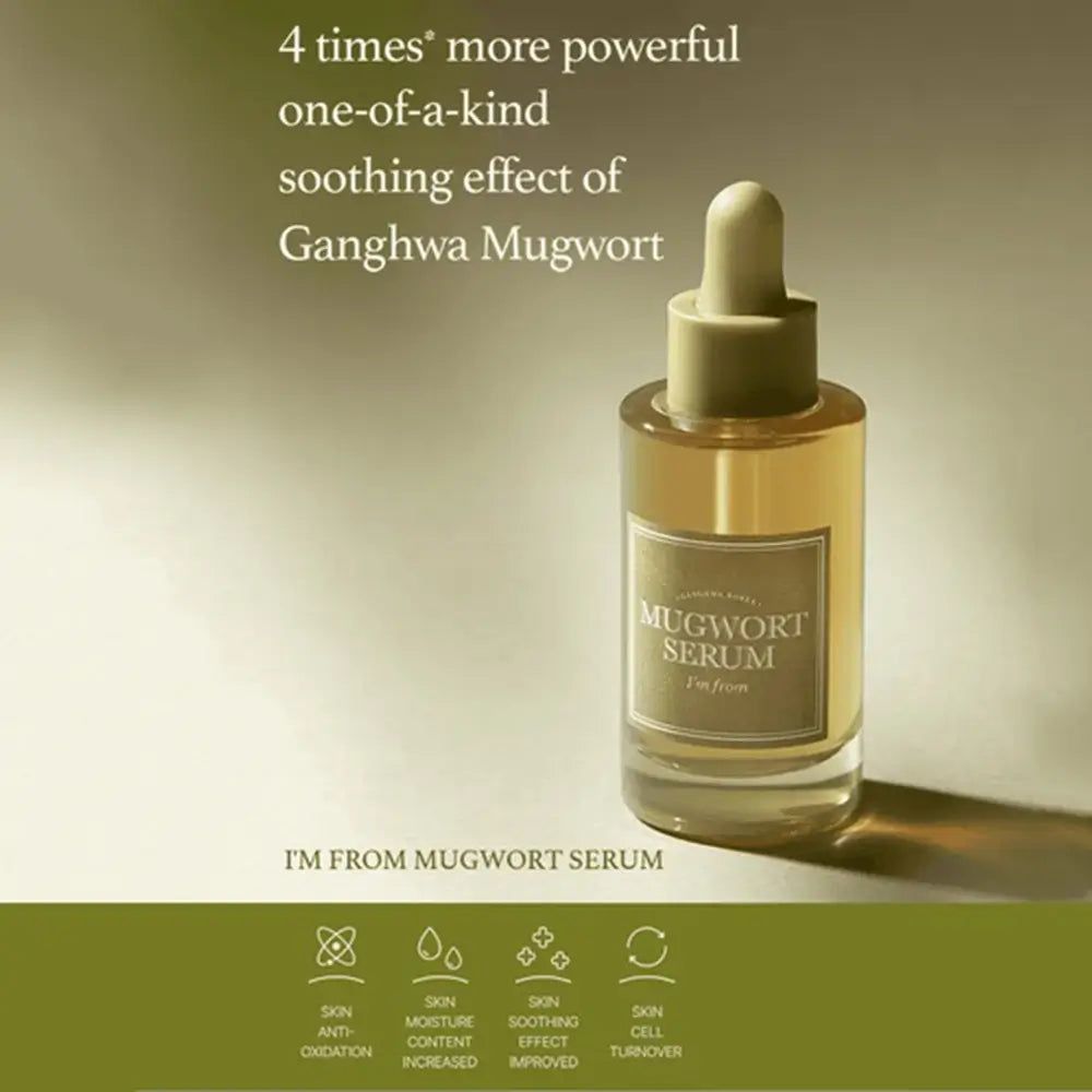 Serumflesje met "Mugwort Serum". Tekst: "4 times' more powerful". Huidverzorgingssymbolen.