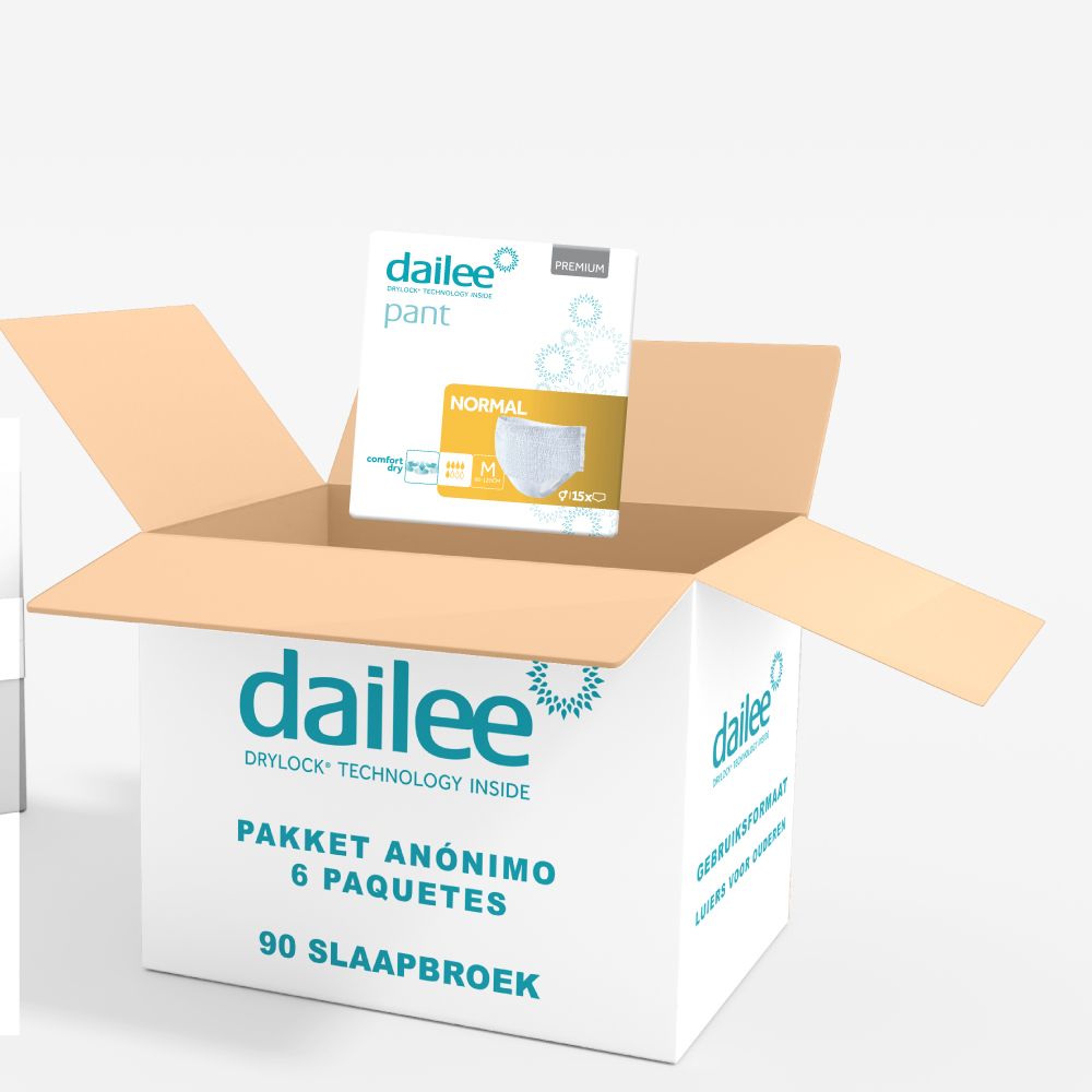 Open doos met Dailee Pant-verpakking. 6 pakken, 90 slips. Anonieme levering.