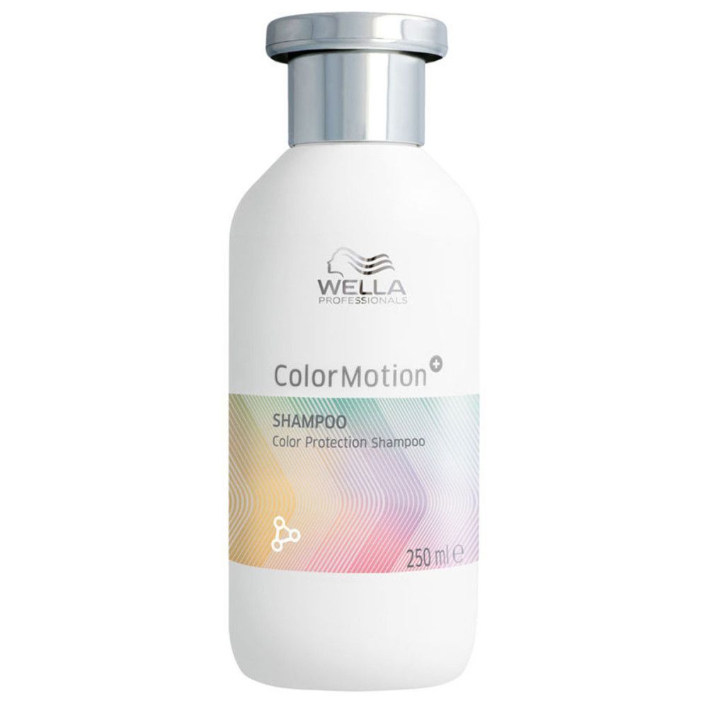 Witte shampoo fles met zilveren dop. Opschrift: Wella Color Motion+ Shampoo, 250 ml.