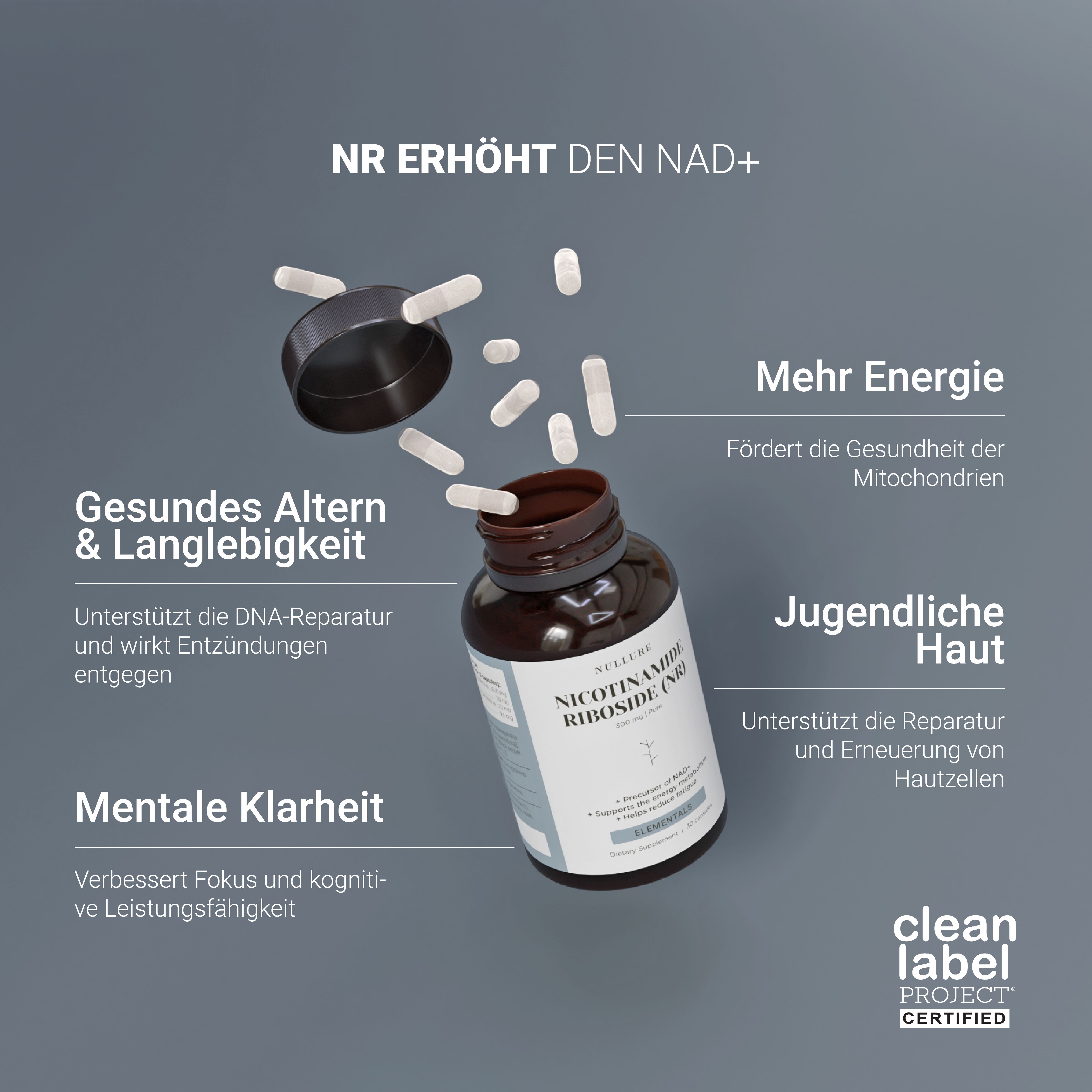 Nullure Nicotinamide Riboside capsules: Meer energie, jeugdige huid, mentale helderheid. Clean Label Project gecertificeerd.