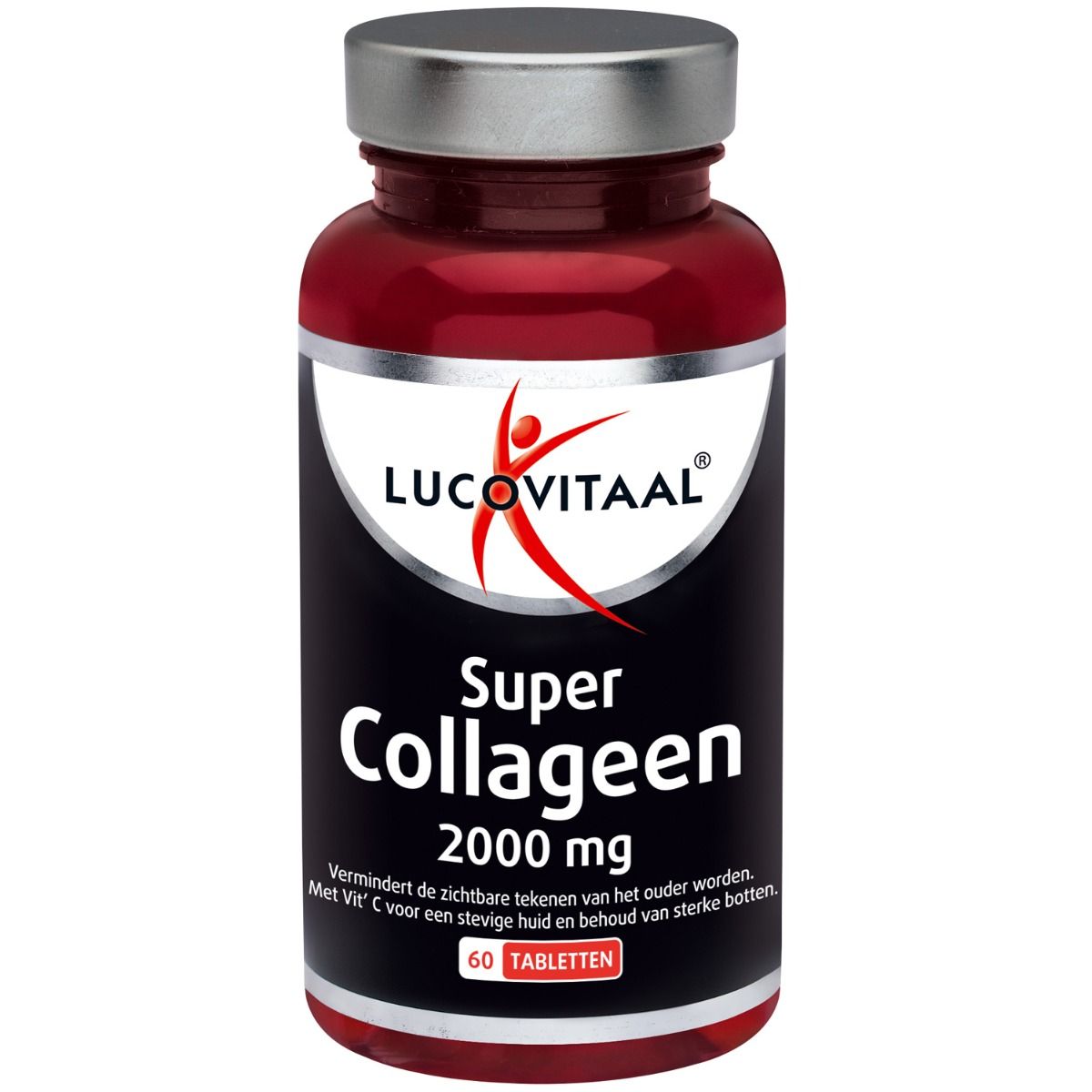 Flacon rouge avec Super Collageen 2000 mg. Contient 60 comprimés. Marque : Lucovitaal.