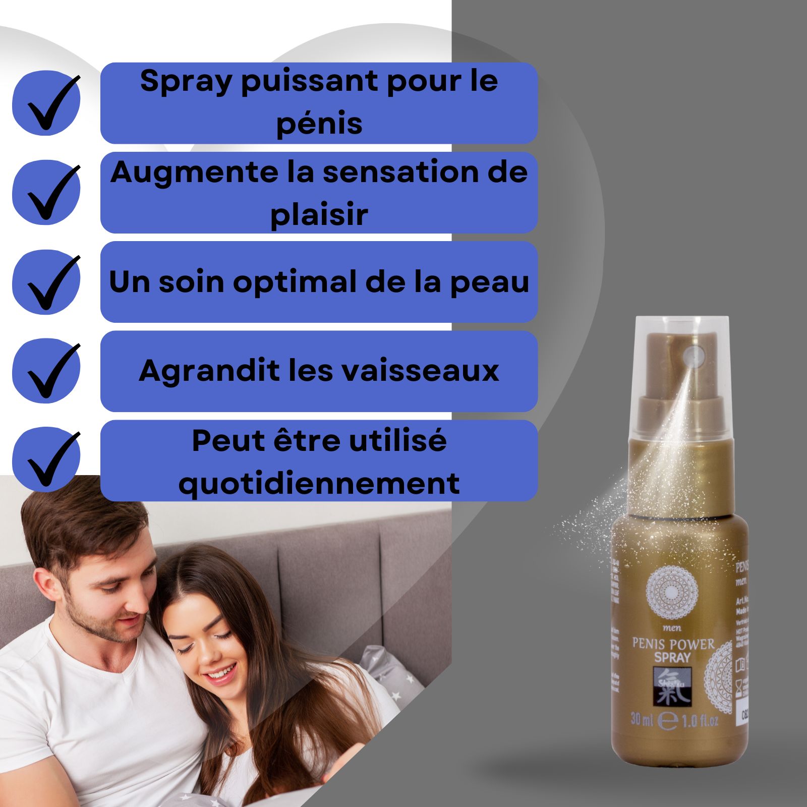 Boîte de Penis Power Spray pour hommes, emballage bleu avec motif mandala.