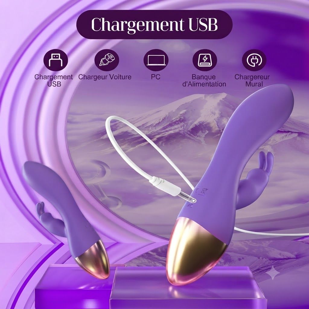 Vibrateur violet avec câble de chargement USB et embout doré. Montre les options de chargement : USB, voiture, PC, banque d'alimentation, chargeur mural.