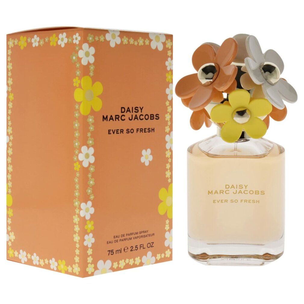 Parfumfles en doos. Fles met kleurrijke bloemen. Opschrift: Daisy Marc Jacobs Ever so Fresh. Oranje doos met bloemen.
