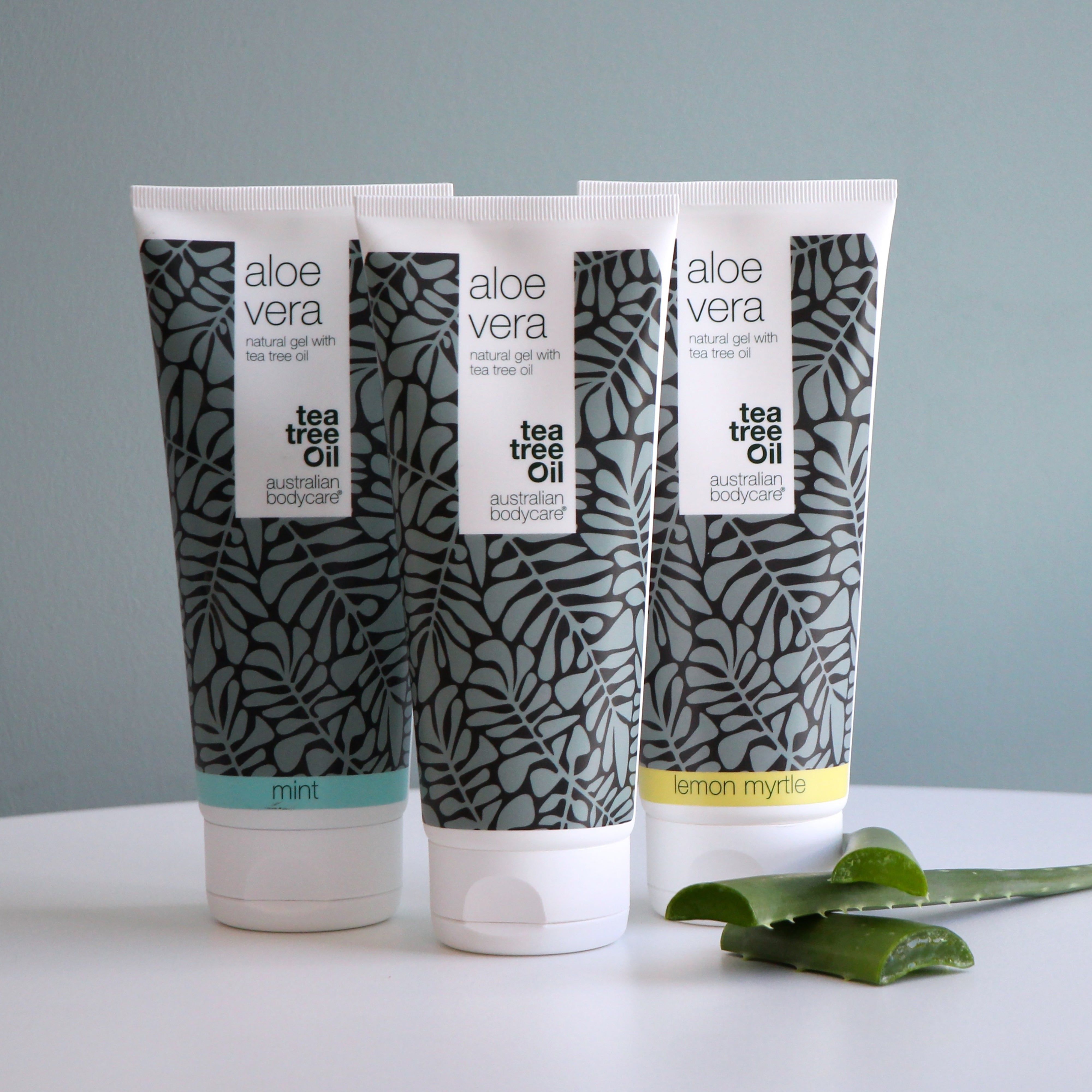 Trois tubes de gel à l'aloe vera. Inscription : Aloe Vera, natural gel with tea tree oil, mint, lemon myrtle. Feuilles.