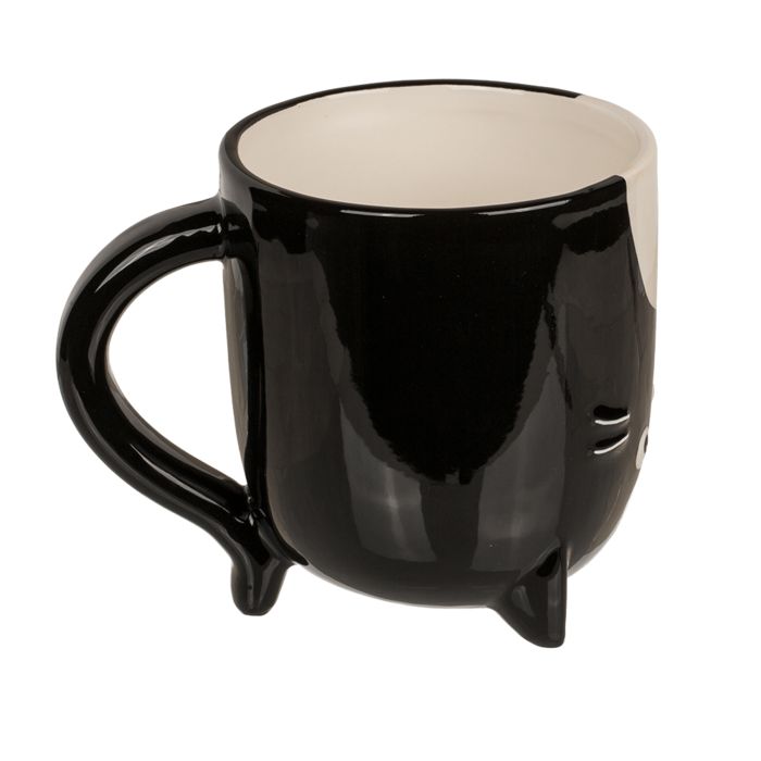 Zwarte katvormige beker, ondersteboven. Witte binnenkant, handvat en drie kleine pootjes. Gezicht met snorharen.