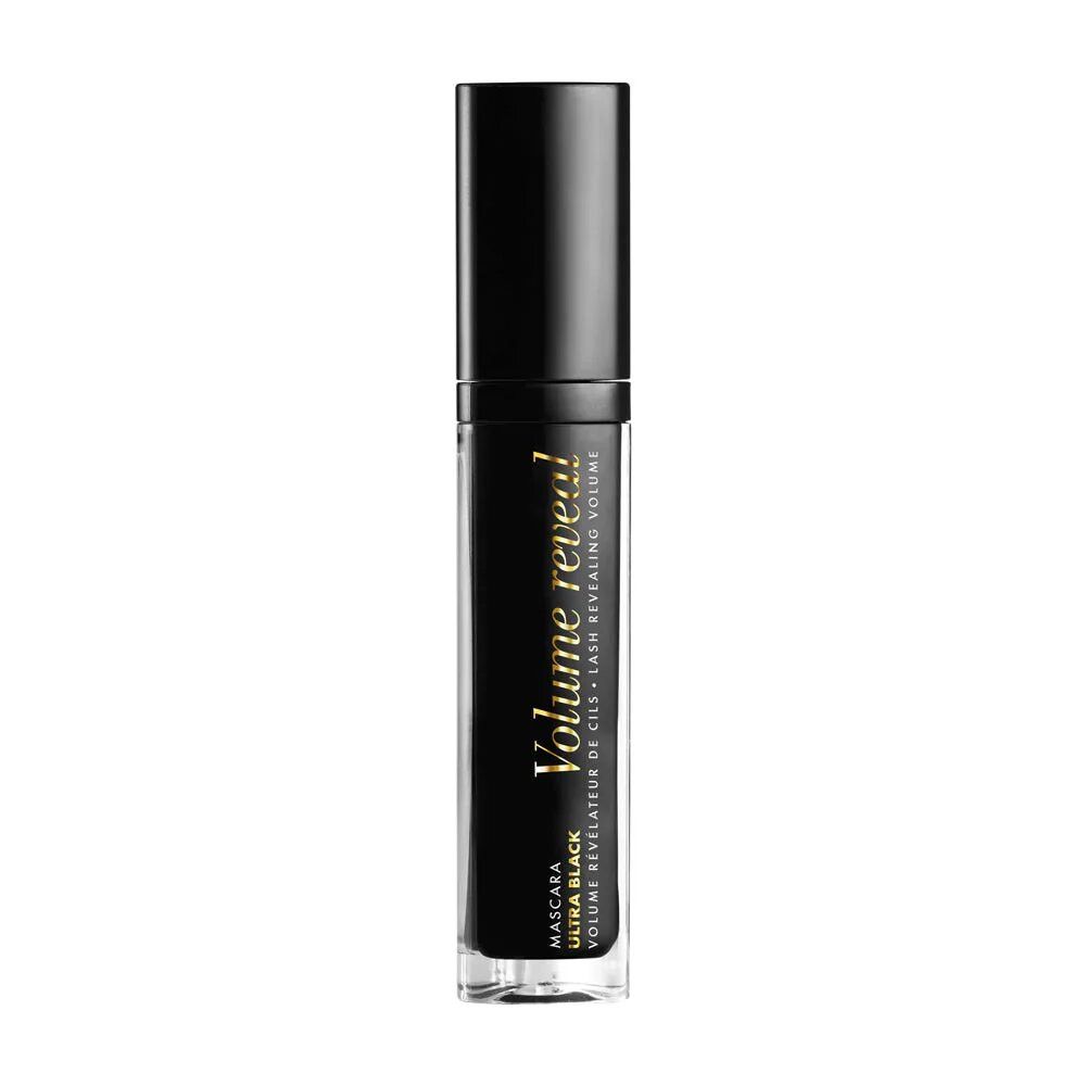 Tube de mascara noir avec bouchon noir. Inscription : Volume Reveal, Ultra Black. Base transparente.