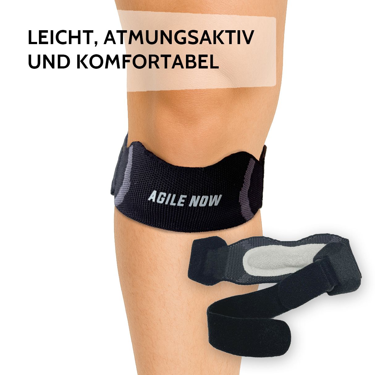 Genouillère sur une jambe. Texte : AGILE NOW. Texte : LÉGÈRE, RESPIRANTE ET CONFORTABLE. Genouillère supplémentaire.