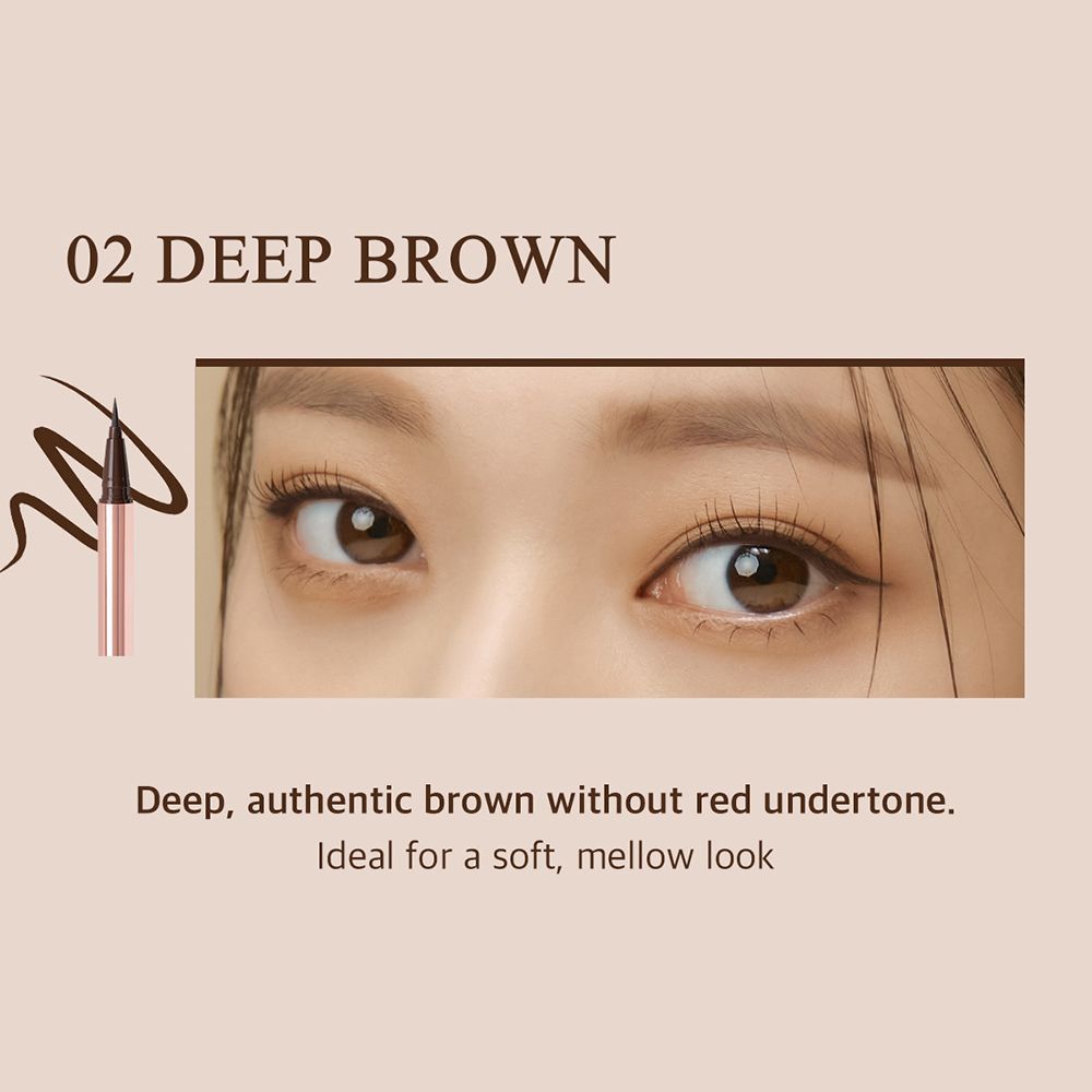 Gros plan sur des yeux avec eyeliner. Texte : 02 DEEP BROWN. Description de la couleur.