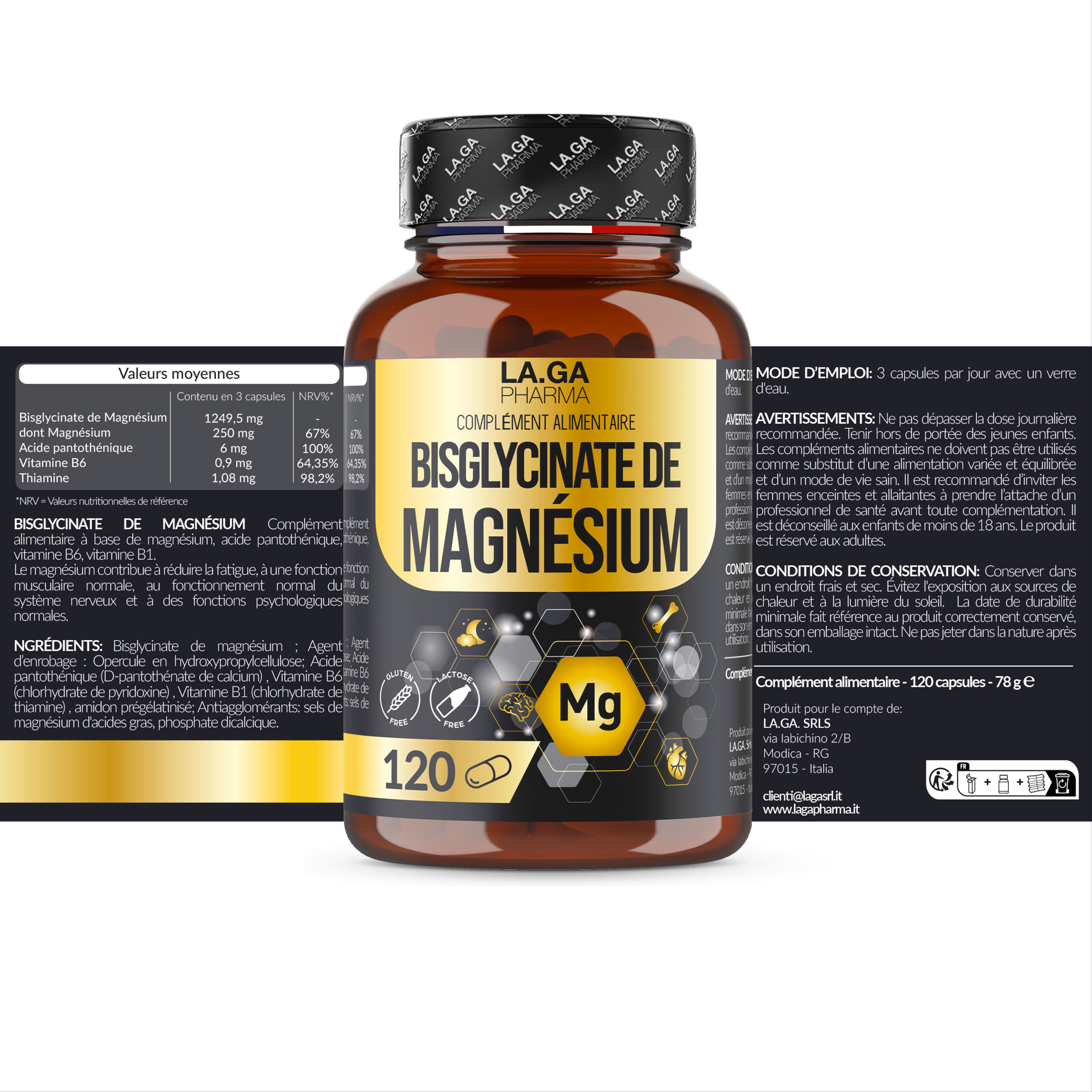 Flacon marron avec gélules. Texte: LA.GA Pharma, Bisglycinate de Magnésium. 120 gélules. Informations nutritionnelles.