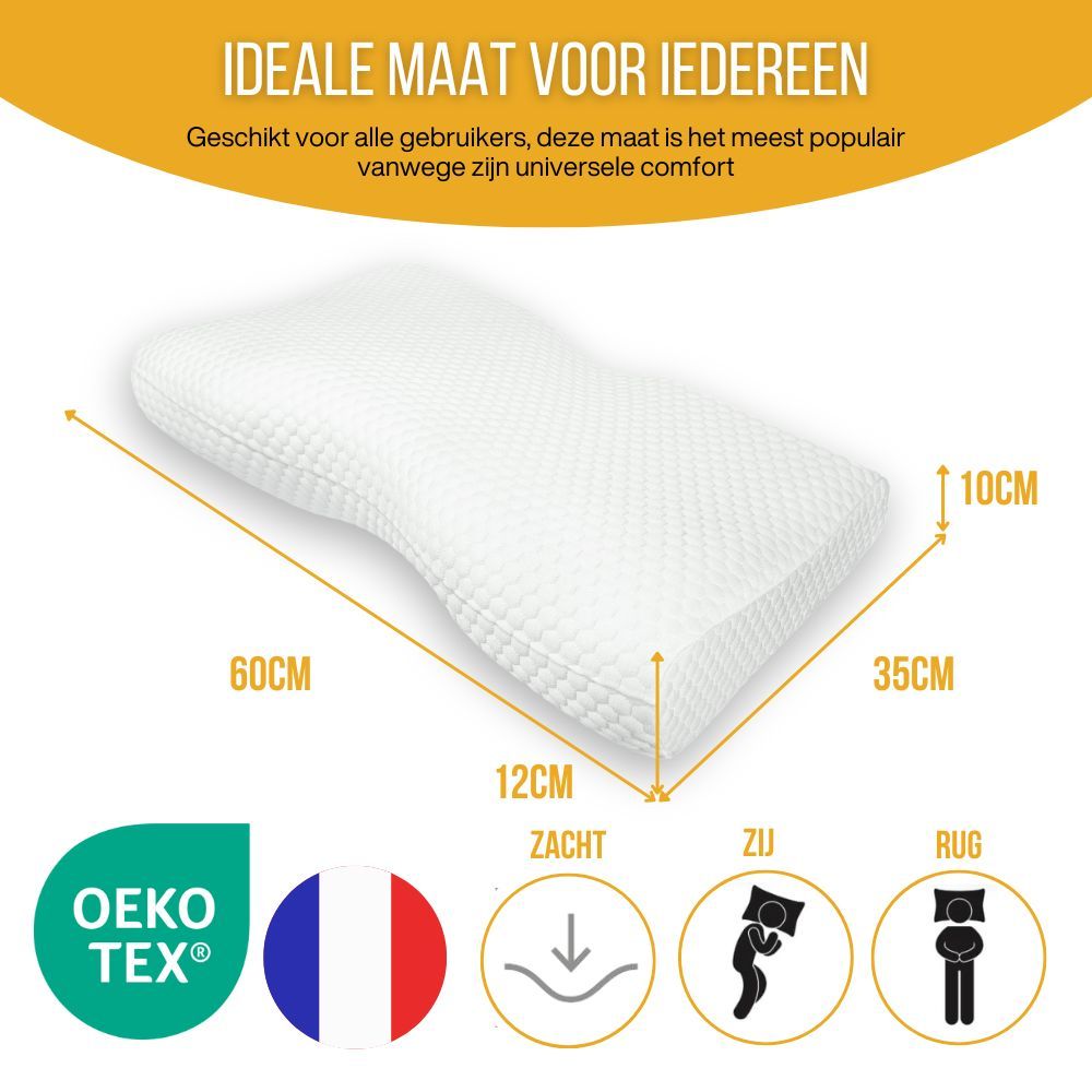 Ergonomisch kussen. Traagschuim. Bamboehoes. Dubbelzijdig ontwerp. Wit.