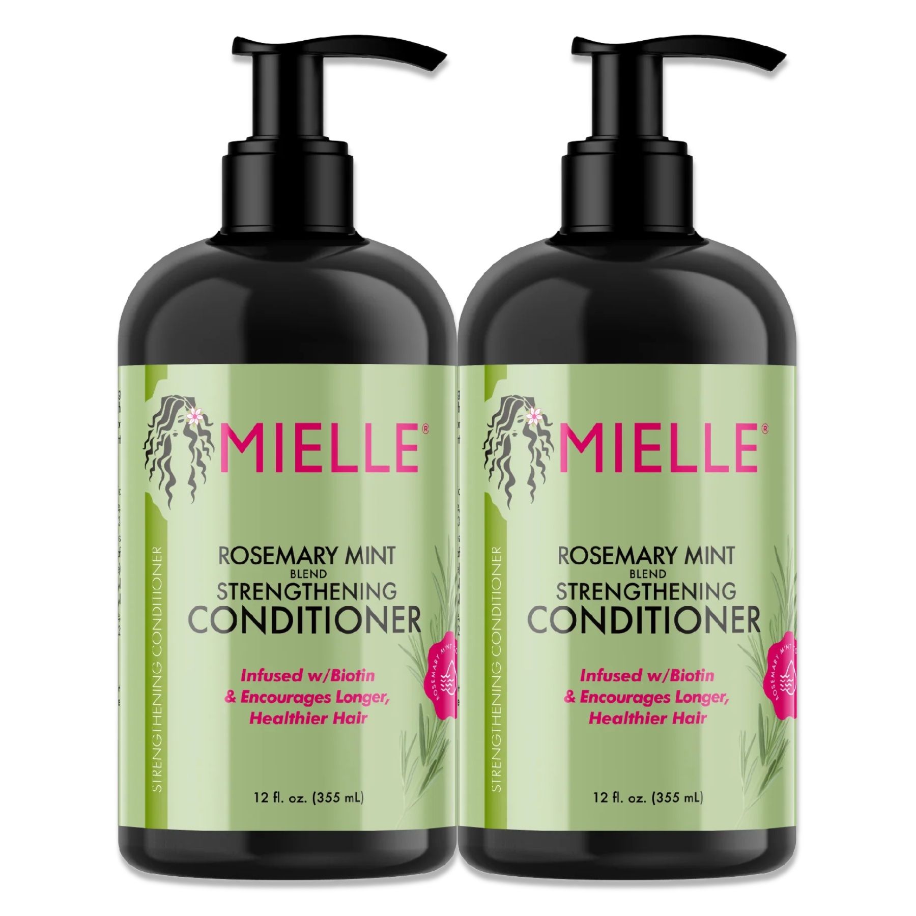Deux flacons de conditionneur Mielle. Flacons noirs avec pompe. Romarin, menthe et texte. 12 fl. oz. (355 ml).
