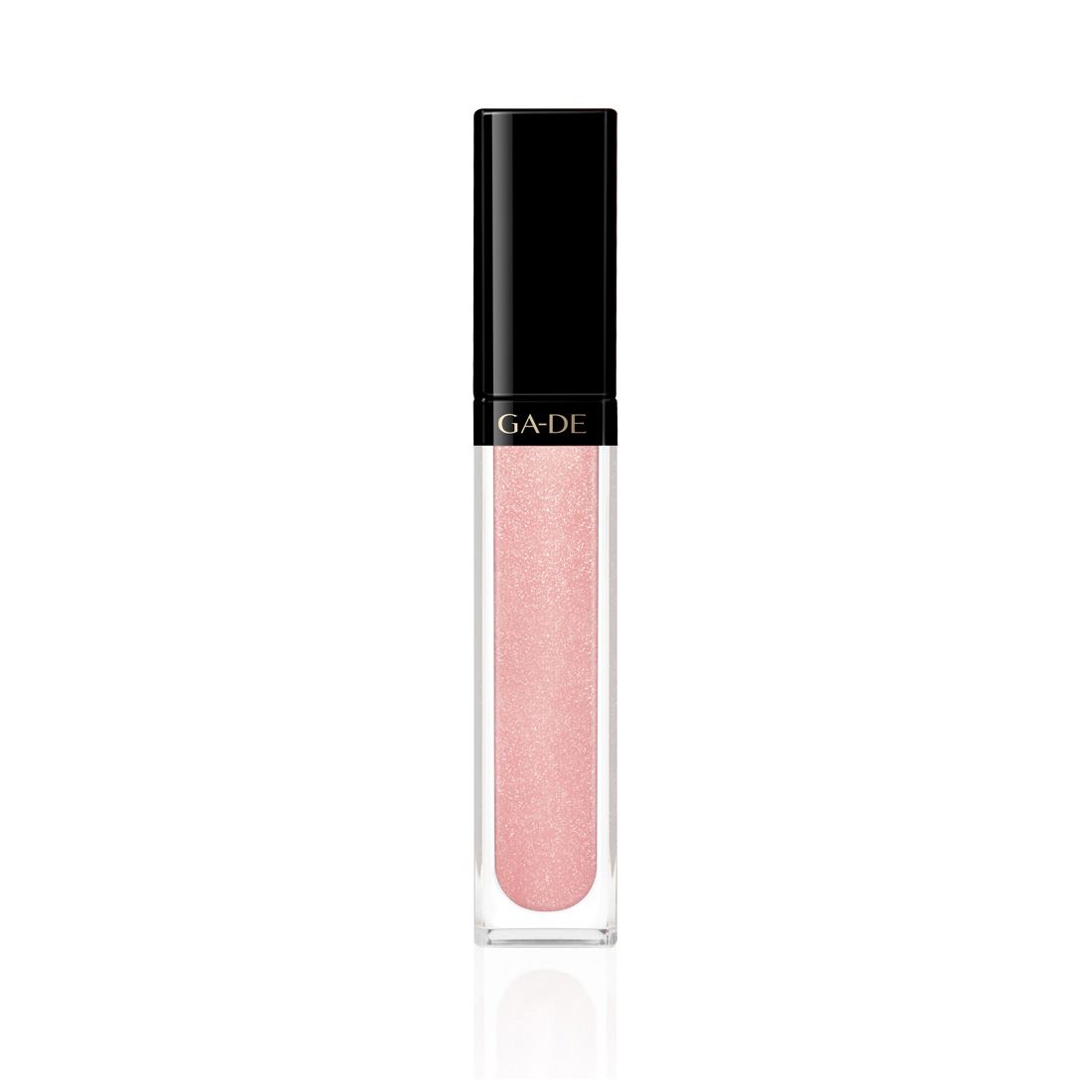 Gloss à lèvres Ga-De Crystal Lights. Tube transparent avec contenu rose. Bouchon noir. Inscription GA-DE.