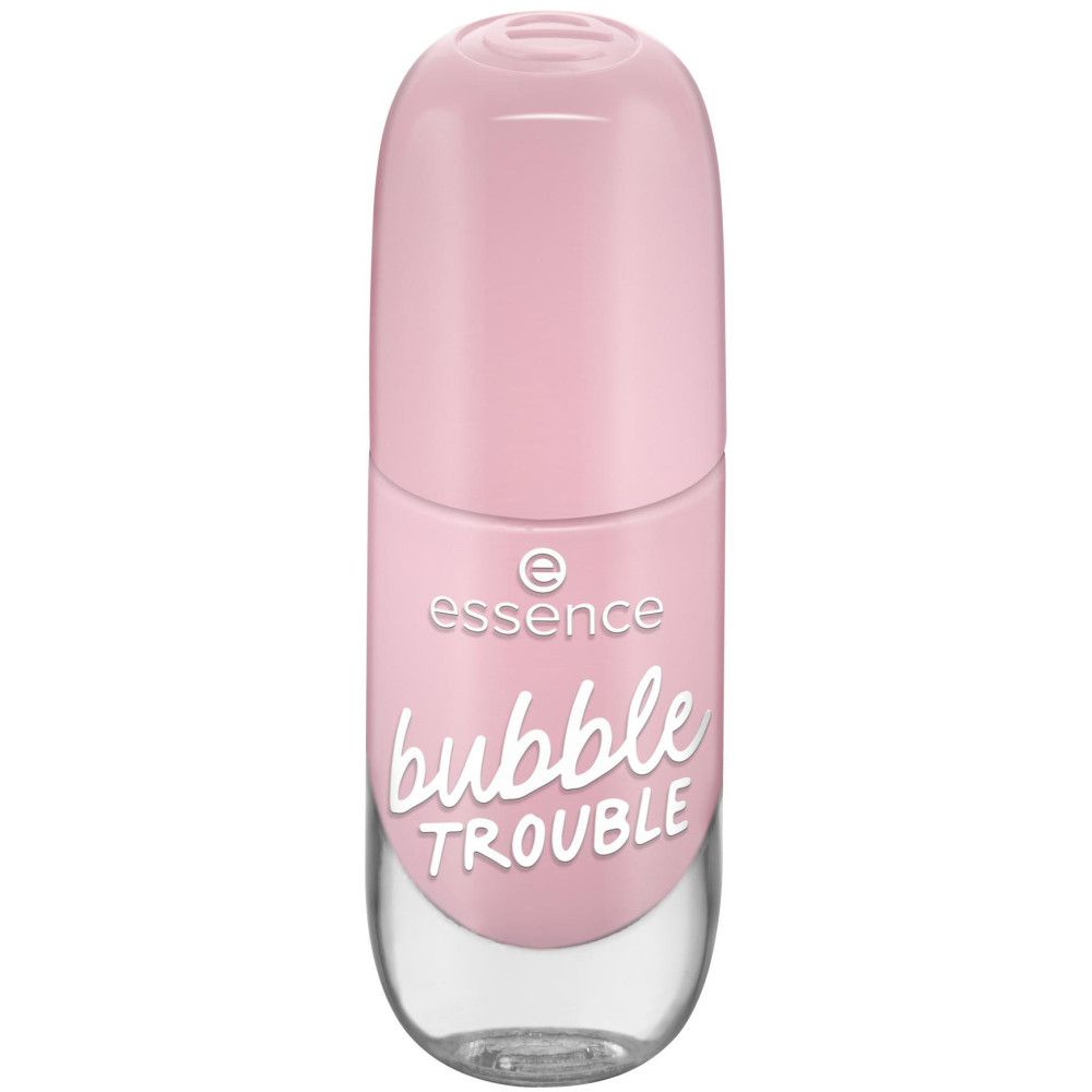 Flacon de vernis à ongles rose, avec bouchon. Inscription "bubble trouble". Marque : Essence.