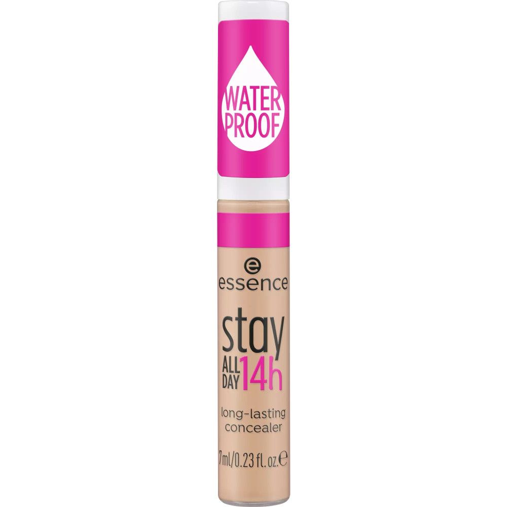 Correcteur liquide Essence Stay All Day 14h. Design rose et blanc, nom et logo du produit. Indication waterproof. Debout.