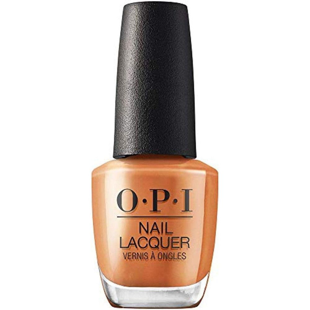 Nagellakflesje met zwarte dop. Opschrift OPI Nail Lacquer.