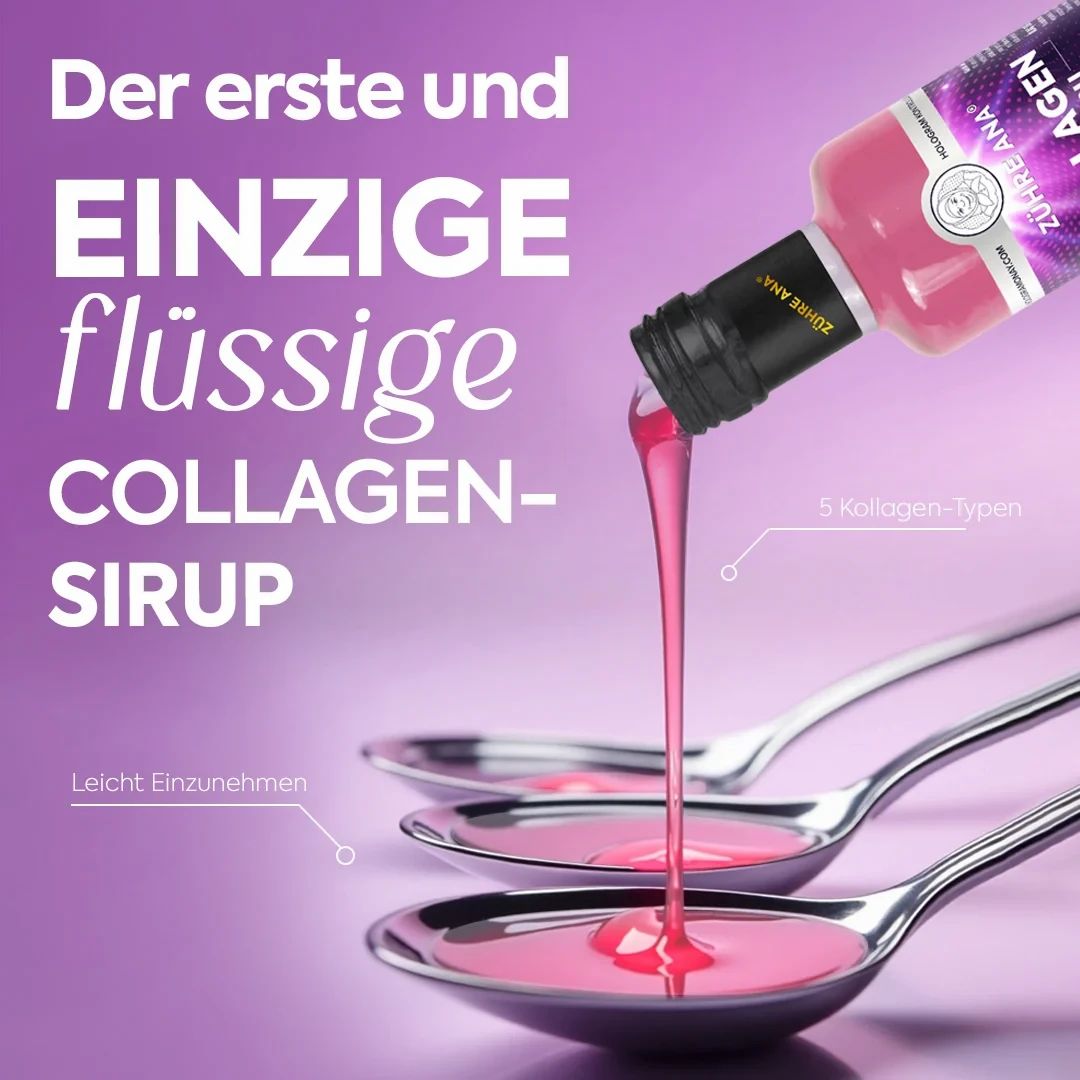 Collageensiroop wordt uit een fles in lepels gegoten. 5 soorten collageen.