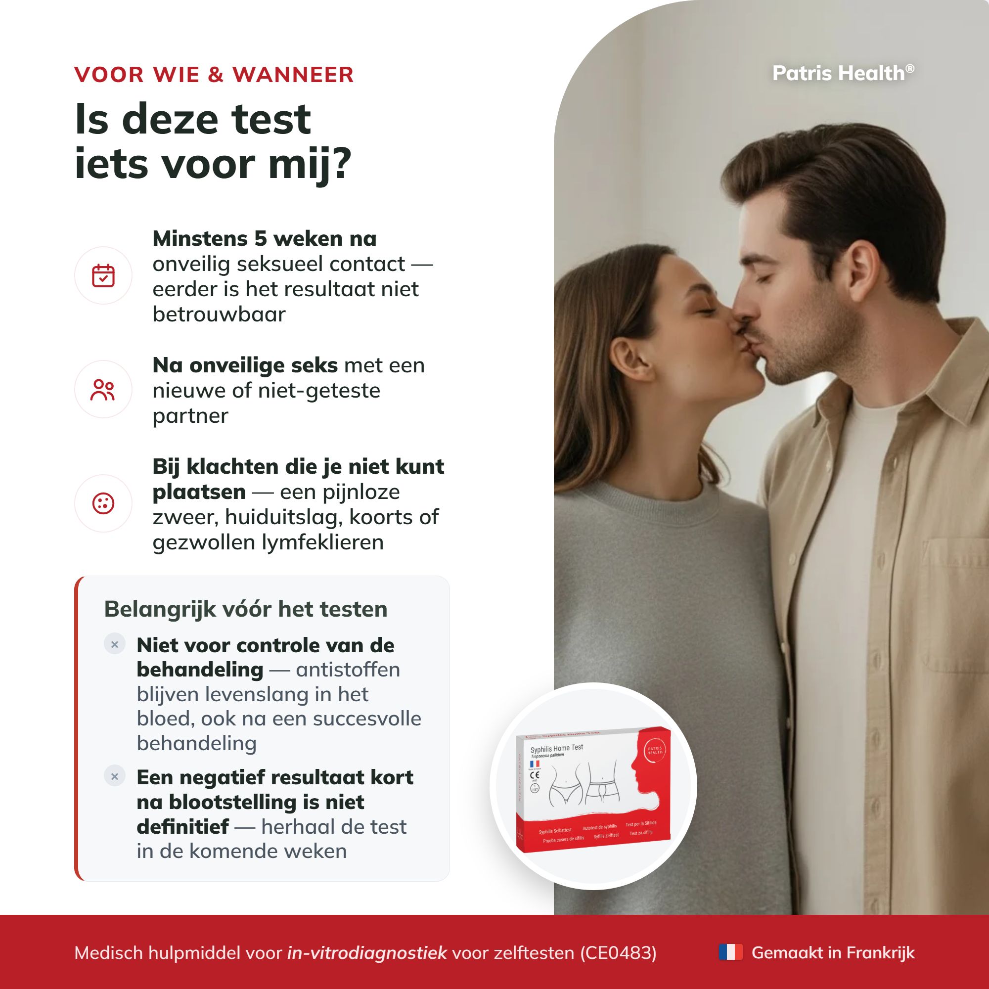 Nederlandse versie van de inhoud van een Syphilis zelftestkit: testapparaat, pipetten, lancetten, buffer.