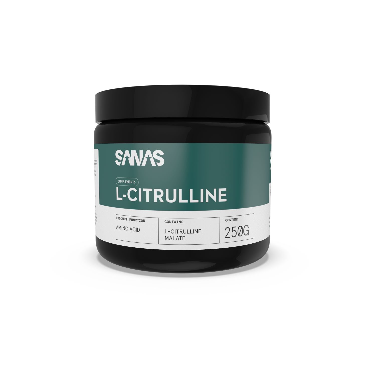 Zwarte container met Sanas L-Citrulline poeder, 250g. Bevat L-Citrulline Malaat.