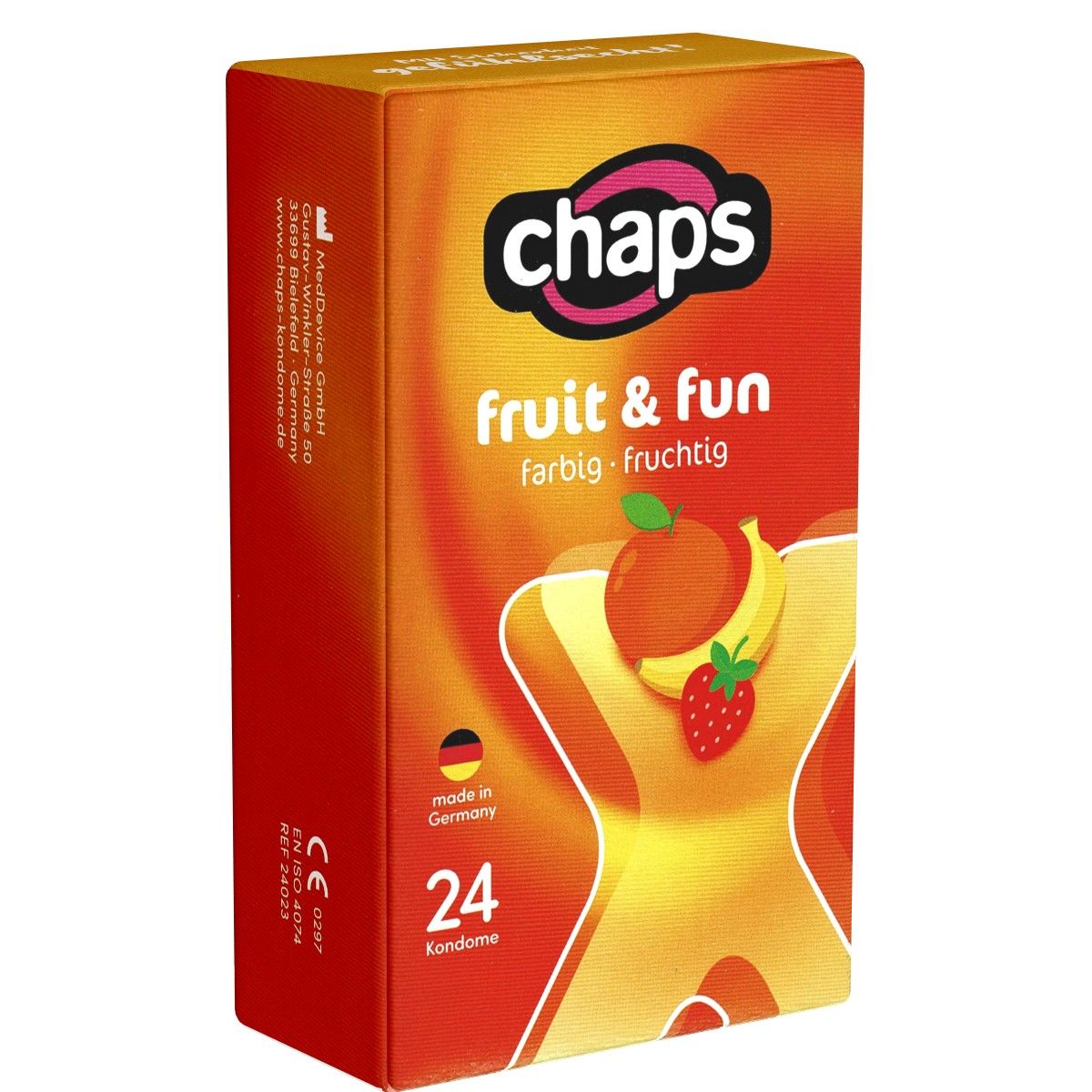 Verpakking van Chaps Fruit & Fun condooms. Oranje met fruitillustraties. Bevat 24 condooms. Gemaakt in Duitsland.