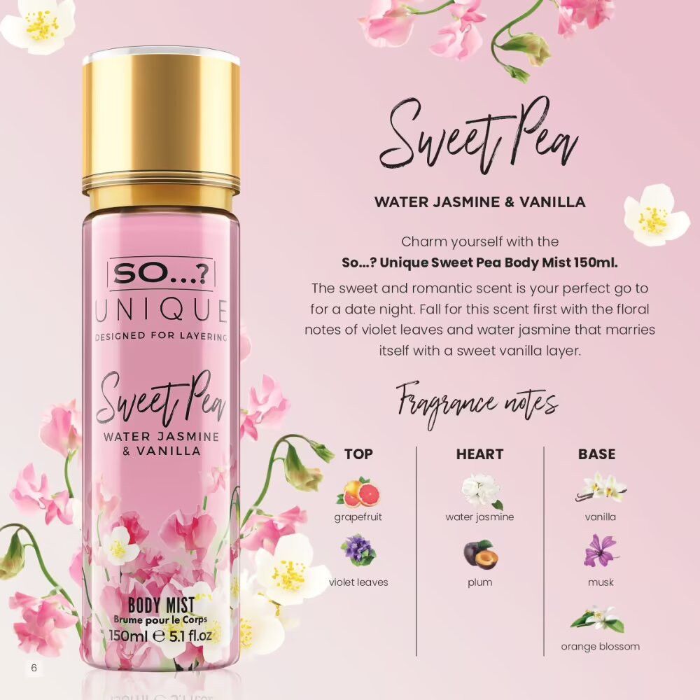 Flacon de brume corporelle rose avec bouchon doré. Texte: So...? Unique, Sweet Pea, Body Mist. Fleurs et texte.