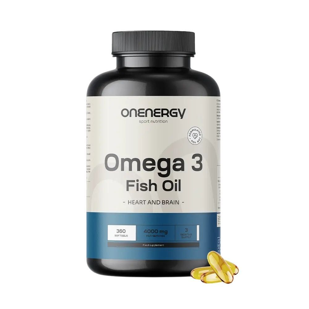 Zwarte fles met Omega-3 visoliecapsules. Opschrift: OnEnergy, Omega 3 Fish Oil, 360 softgels, 4000 mg.