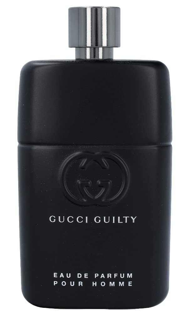 Zwarte fles. Gucci Guilty Pour Homme Eau de Parfum. Logo en tekst. Zilveren dop.