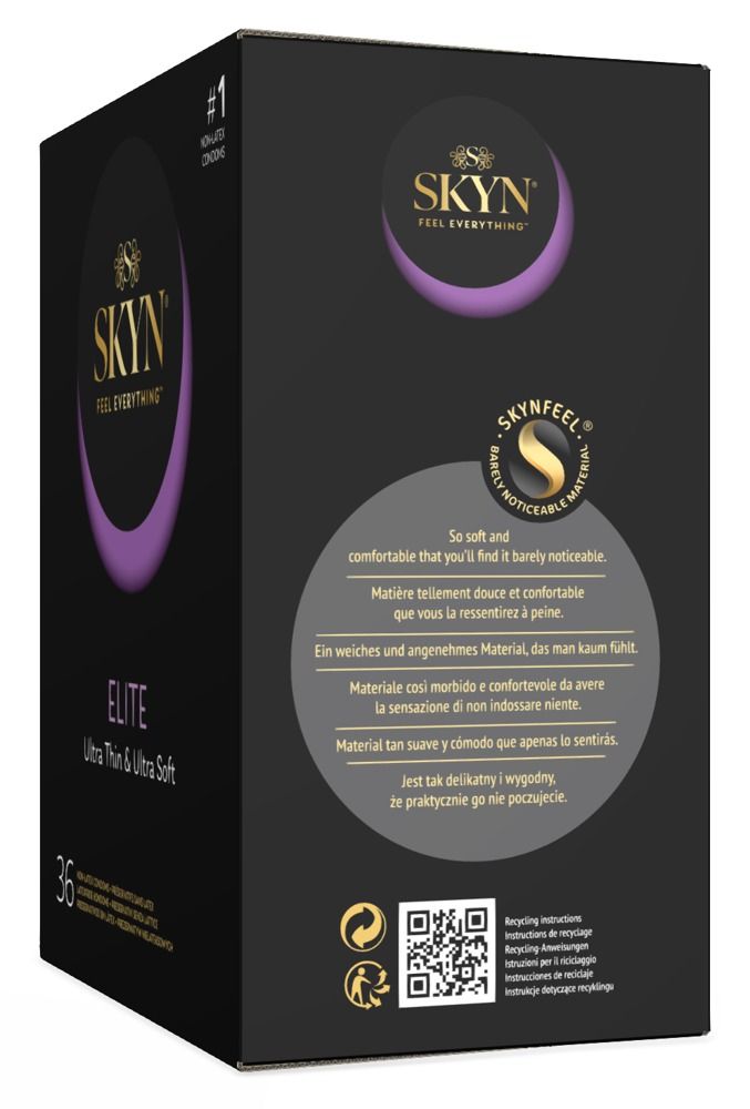 Boîte noire SKYN Elite. Texte: Ultra Thin & Ultra Soft. 36 préservatifs. Logo: SKYN, SKYNFEEL. Marque #1.