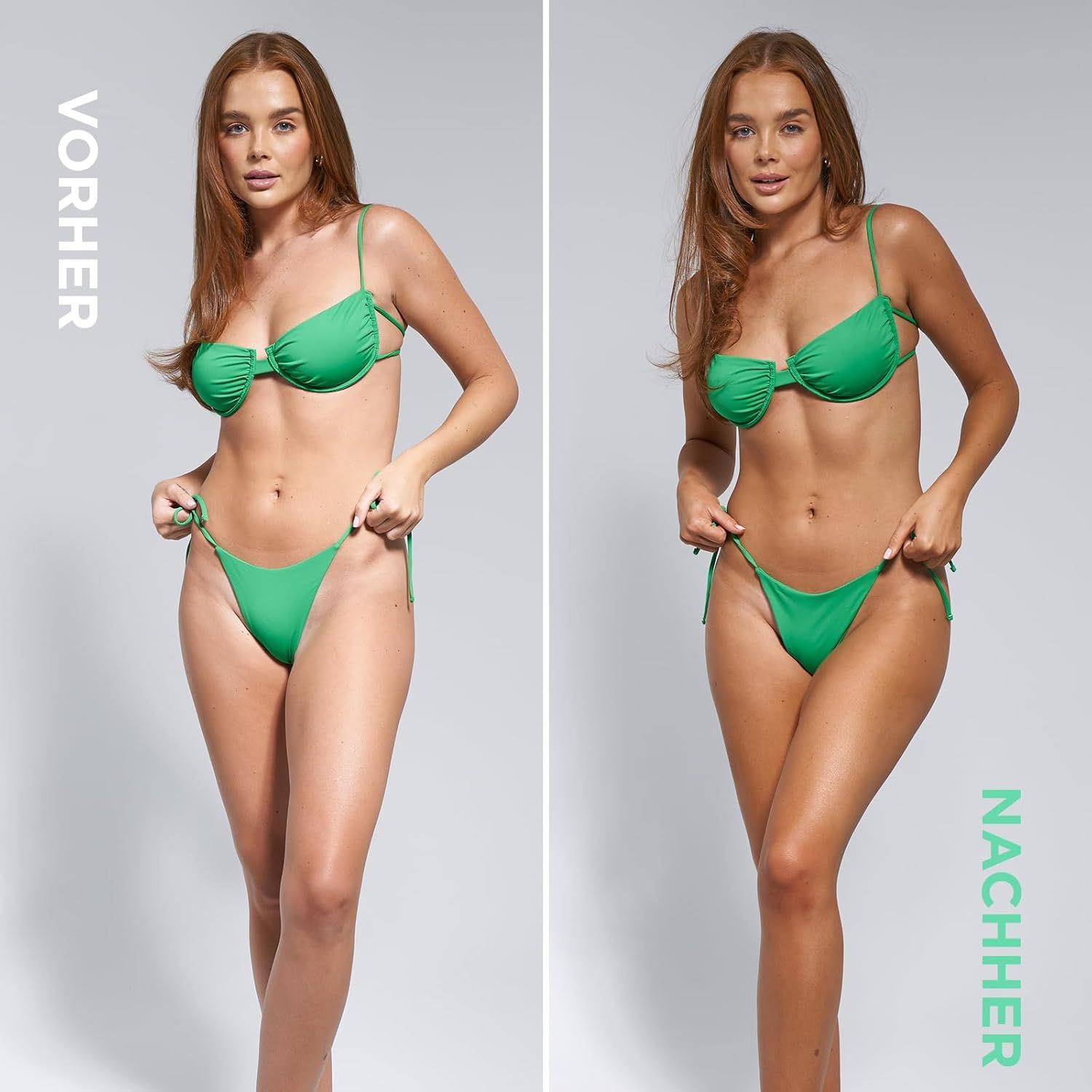 Comparaison avant-après. Femme en bikini vert. Gauche : peau claire. Droite : peau bronzée. Texte : Avant/Après.