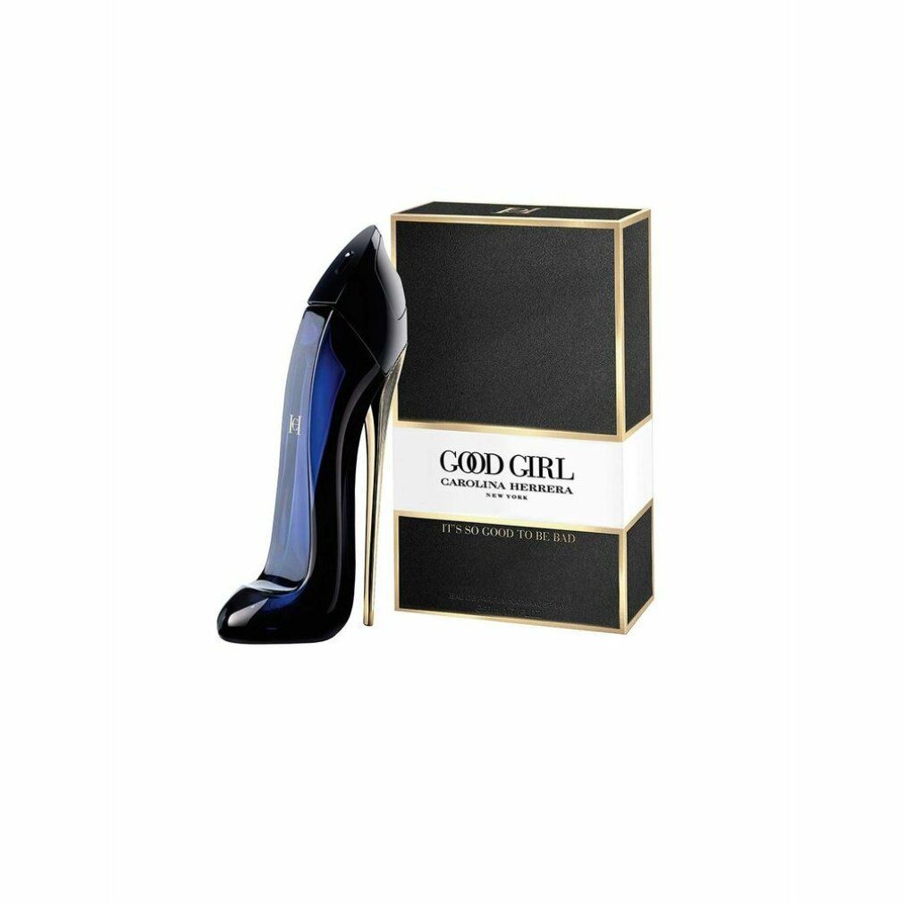 Boîte noire avec bordure dorée et flacon en forme d'escarpin. Inscription 'Good Girl Carolina Herrera'.