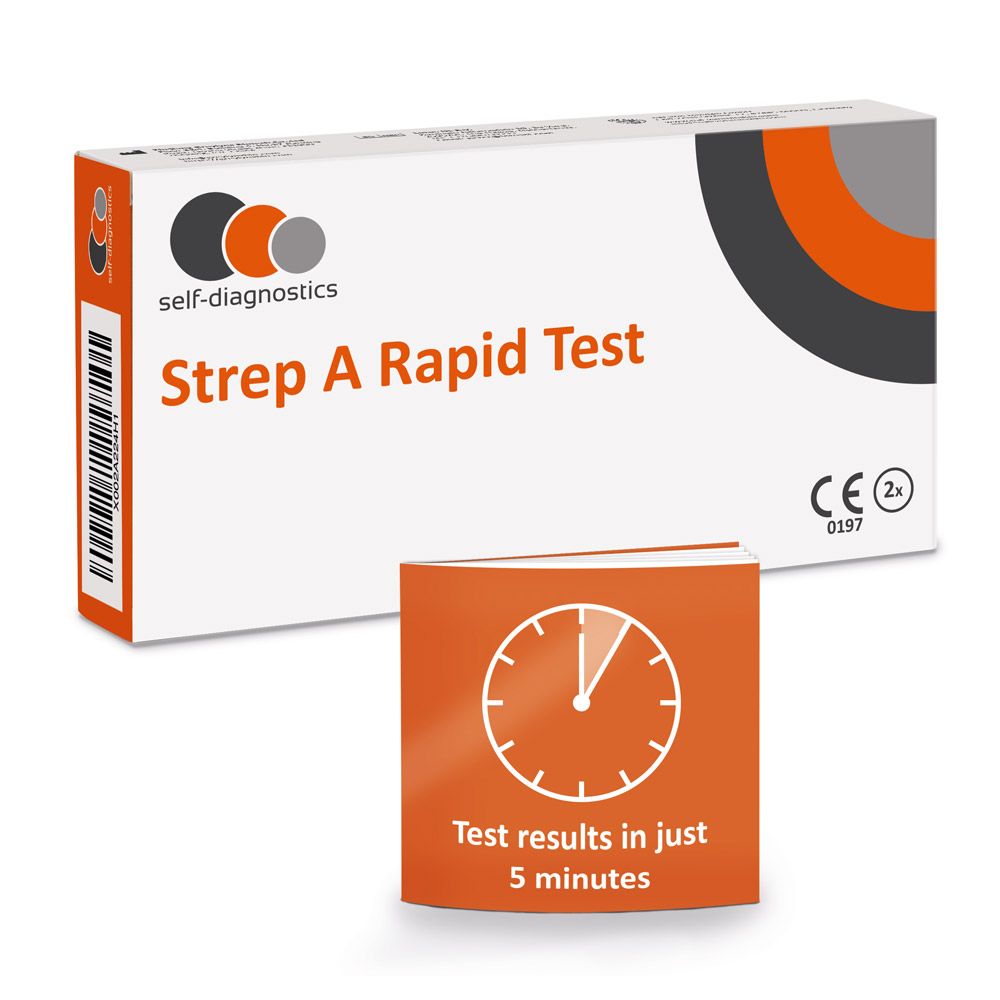 Verpakking voor een Strep A sneltest. Bevat een testcassette. Tekst: Testresultaten in 5 minuten.