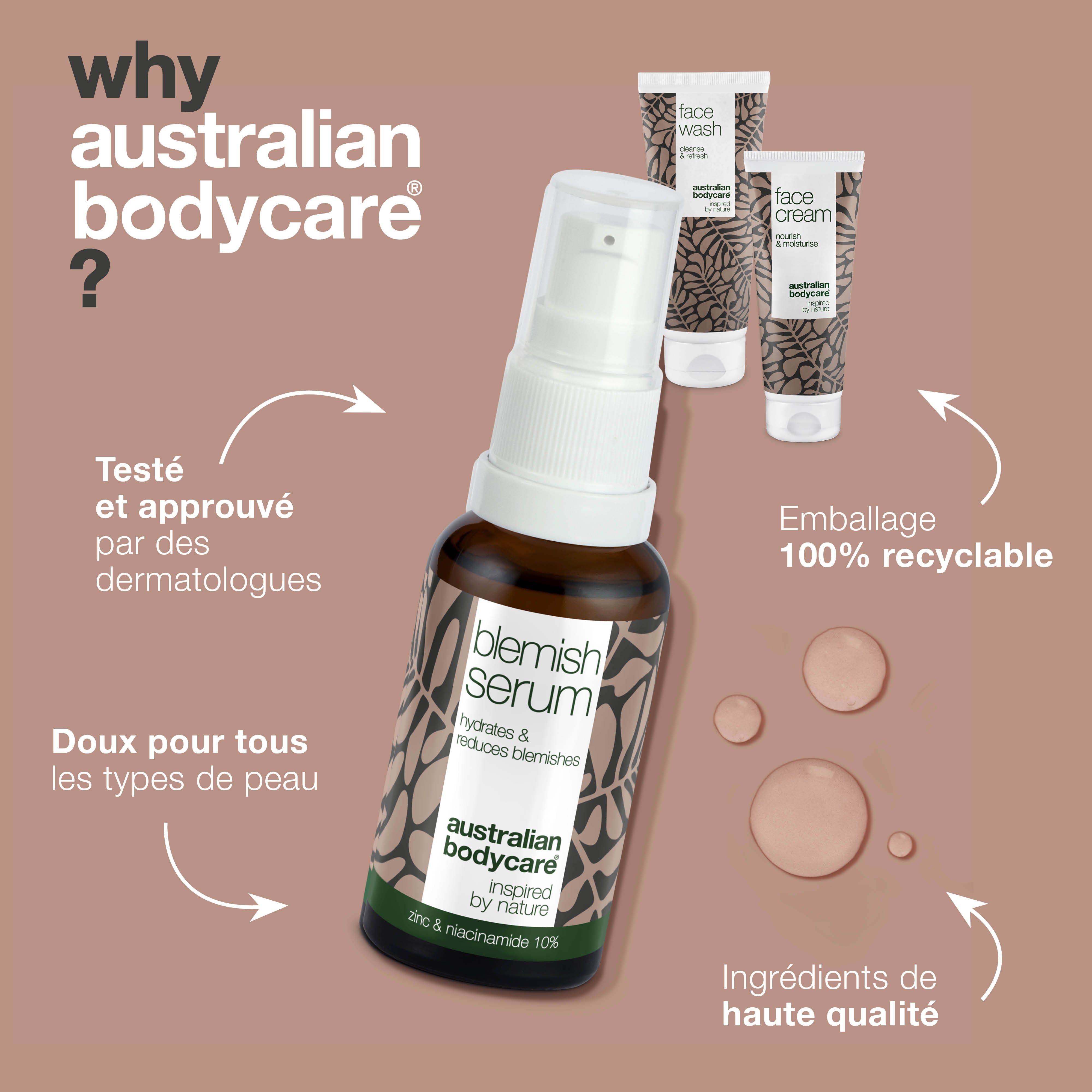 Flacon en verre brun avec sérum. À côté, produits : nettoyant, crème. Texte : pourquoi Australian Bodycare ?