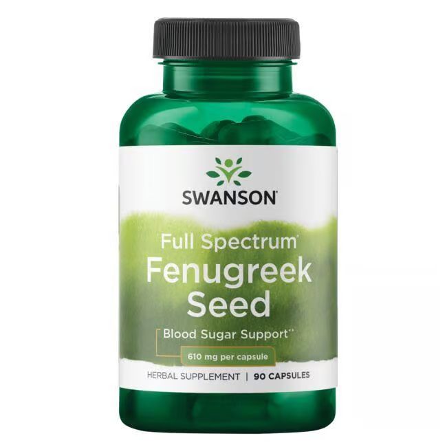Flacon vert, bouchon noir. Inscription: SWANSON, Graines de fenugrec, 610 mg par capsule, 90 capsules.