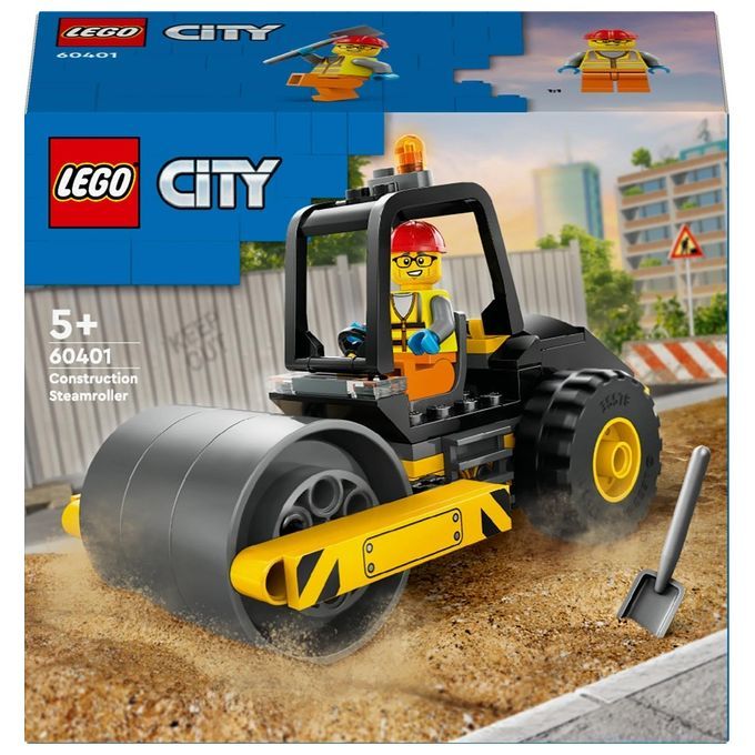 LEGO City 60401. Compacteur noir et jaune. Inclut une figurine et une pelle. L'emballage montre le set. Pour enfants de 5 ans et plus.