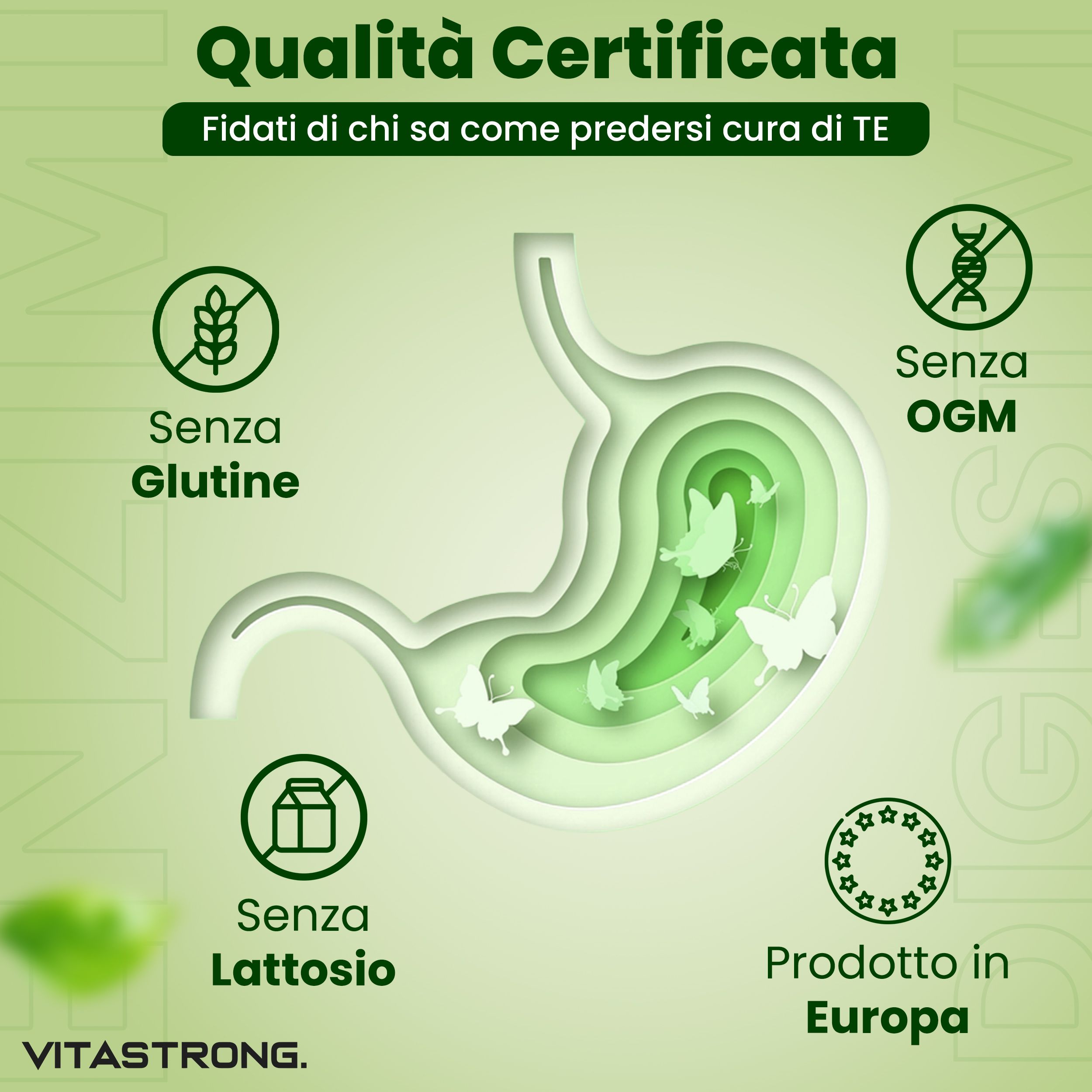 Vitastrong Enzimi Digestivi. Gecertificeerde kwaliteit. Zonder gluten, lactose, GGO's. Geproduceerd in Europa.