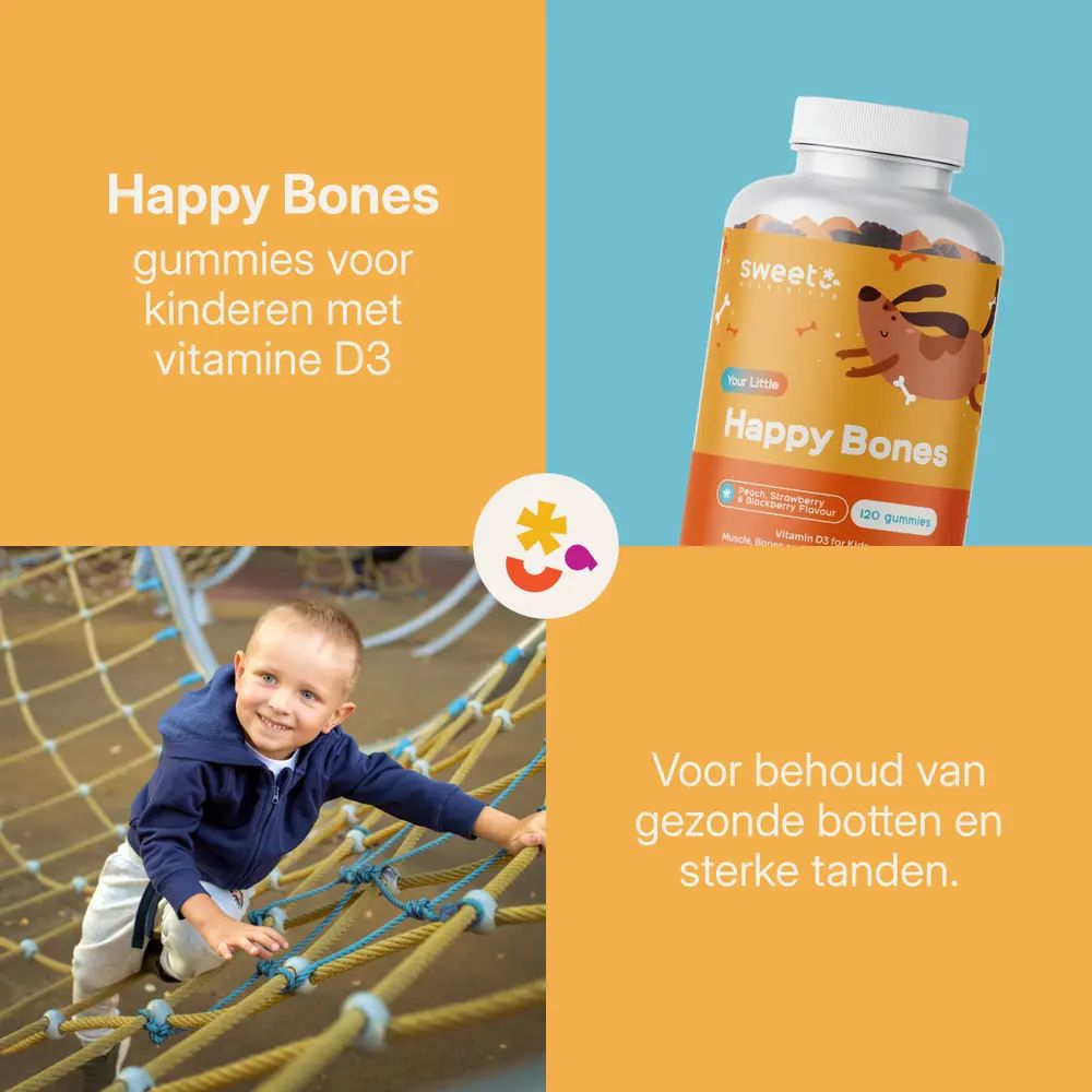 Kind speelt op een speeltuin. Naast een fles "Happy Bones" en tekst.