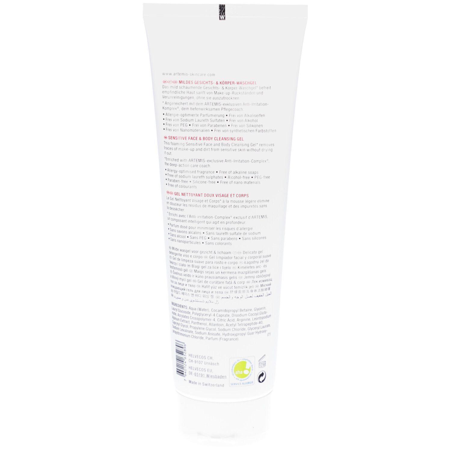 Witte tube met tekst. Achterkant met ingrediënten en informatie. Groen-geel logo.